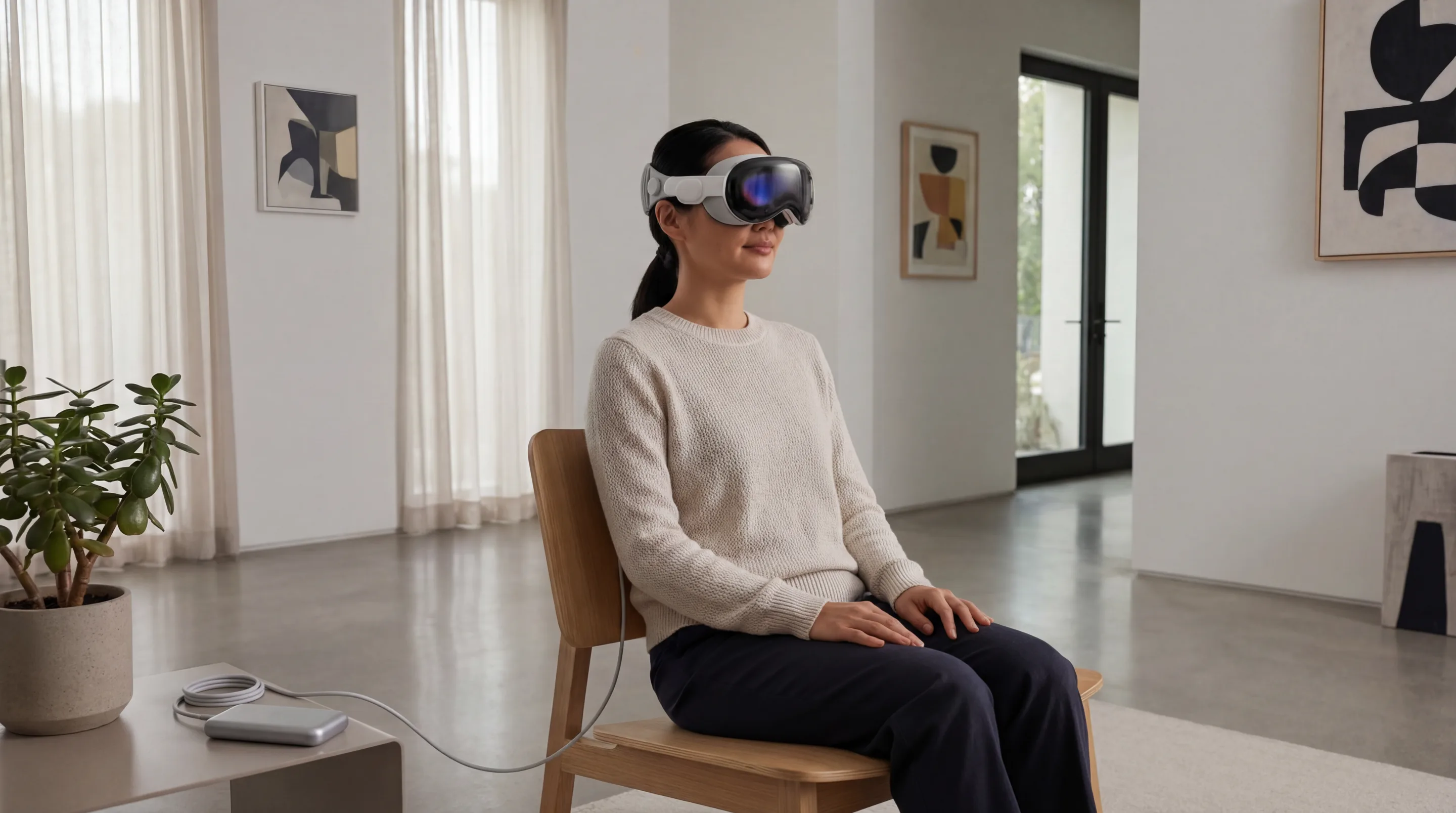 A woman wearing an Apple Vision Pro