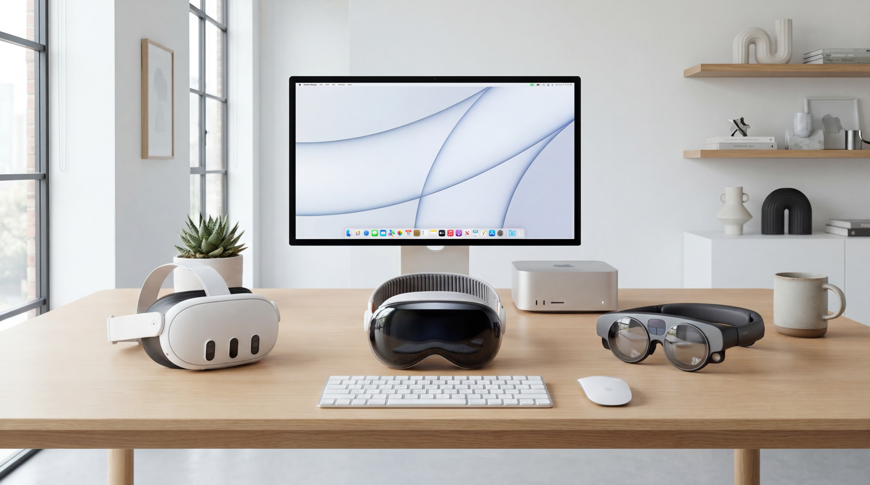 a magic leap, meta quest and vision pro headset on a desk