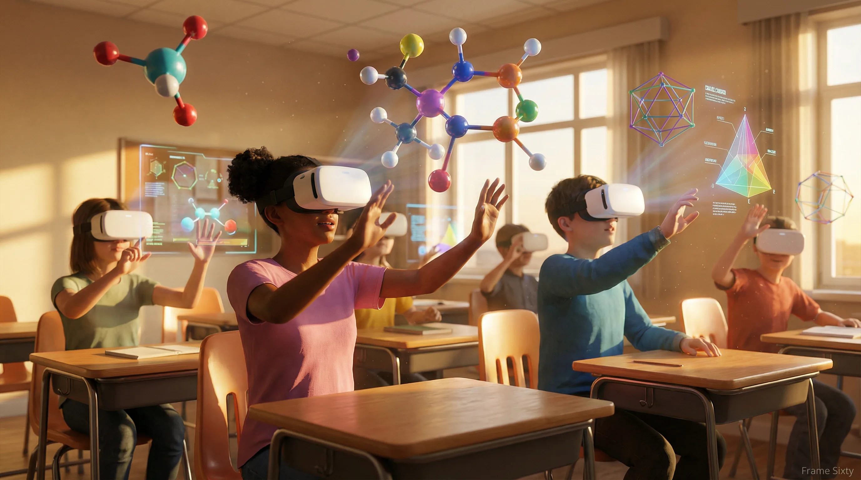Augmented reality applications in education: schoolchildren in headsets reaching toward floating molecule models in a warmly lit classroom