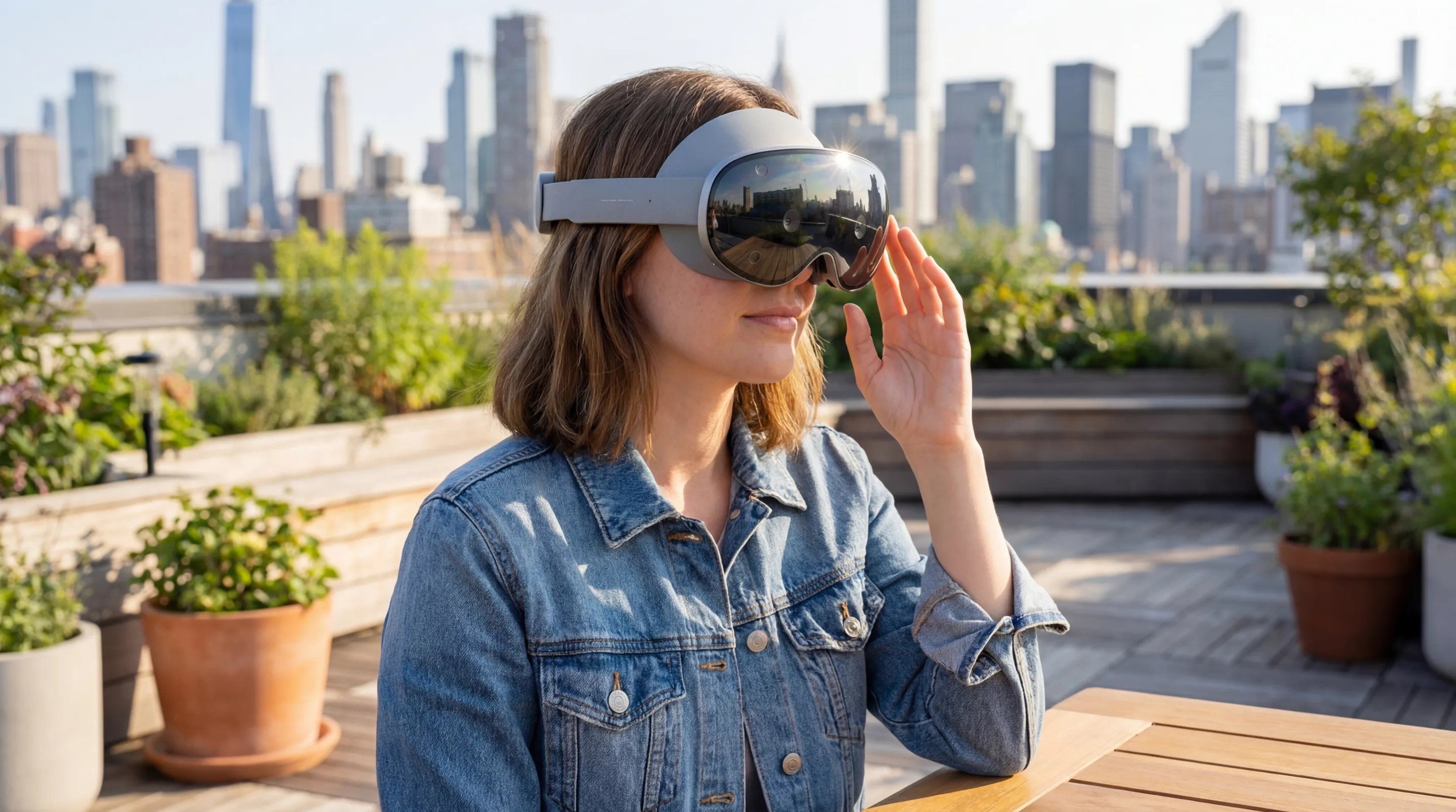 A woman wearing a Samsung galaxy xr headset