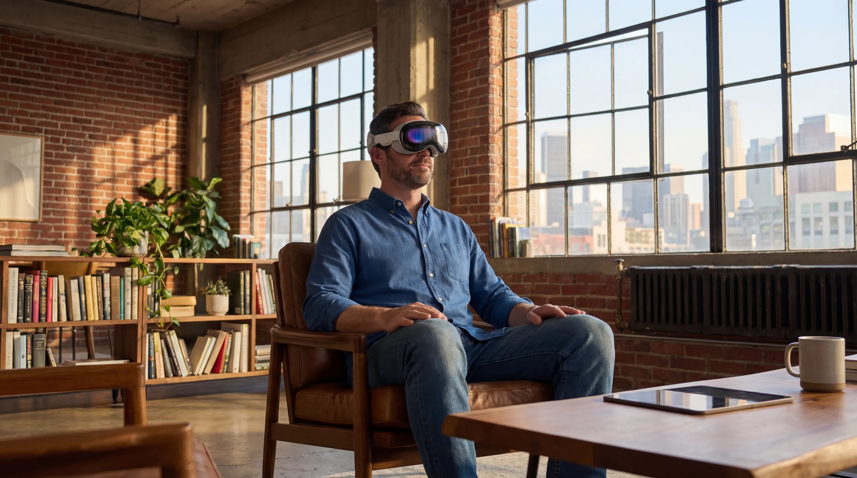 A man wearing a vision pro sitting in a chair