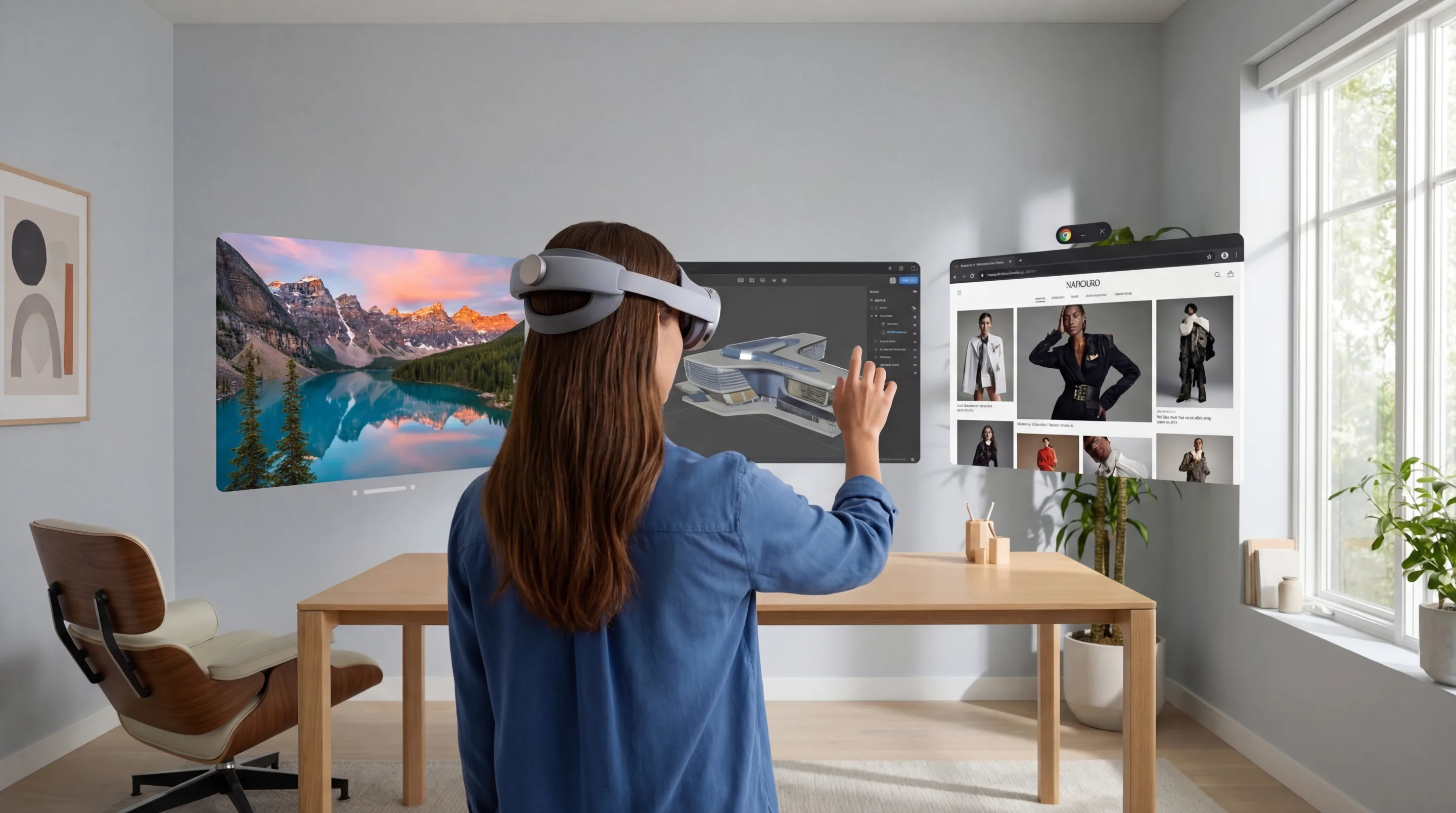Woman in a home office reaching toward three floating XR panels: a lake photo, a 3D building model and a shopping site