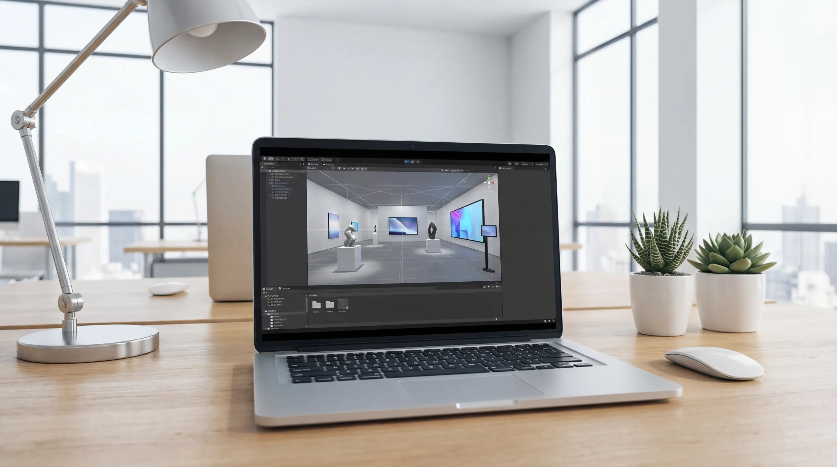 Virtual reality development workstation with headset and monitors