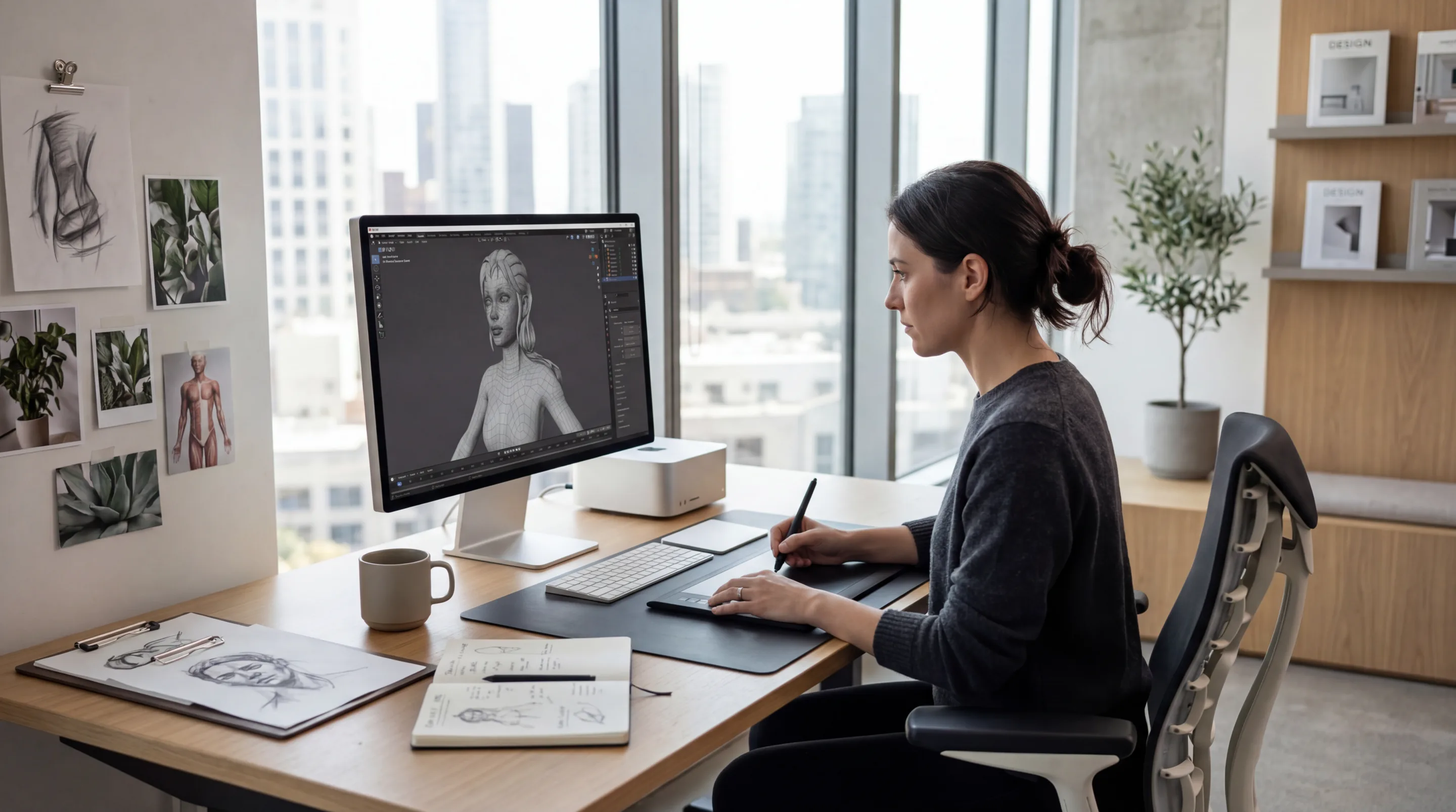 3D artist creating a detailed model in Blender at a minimalist workstation.