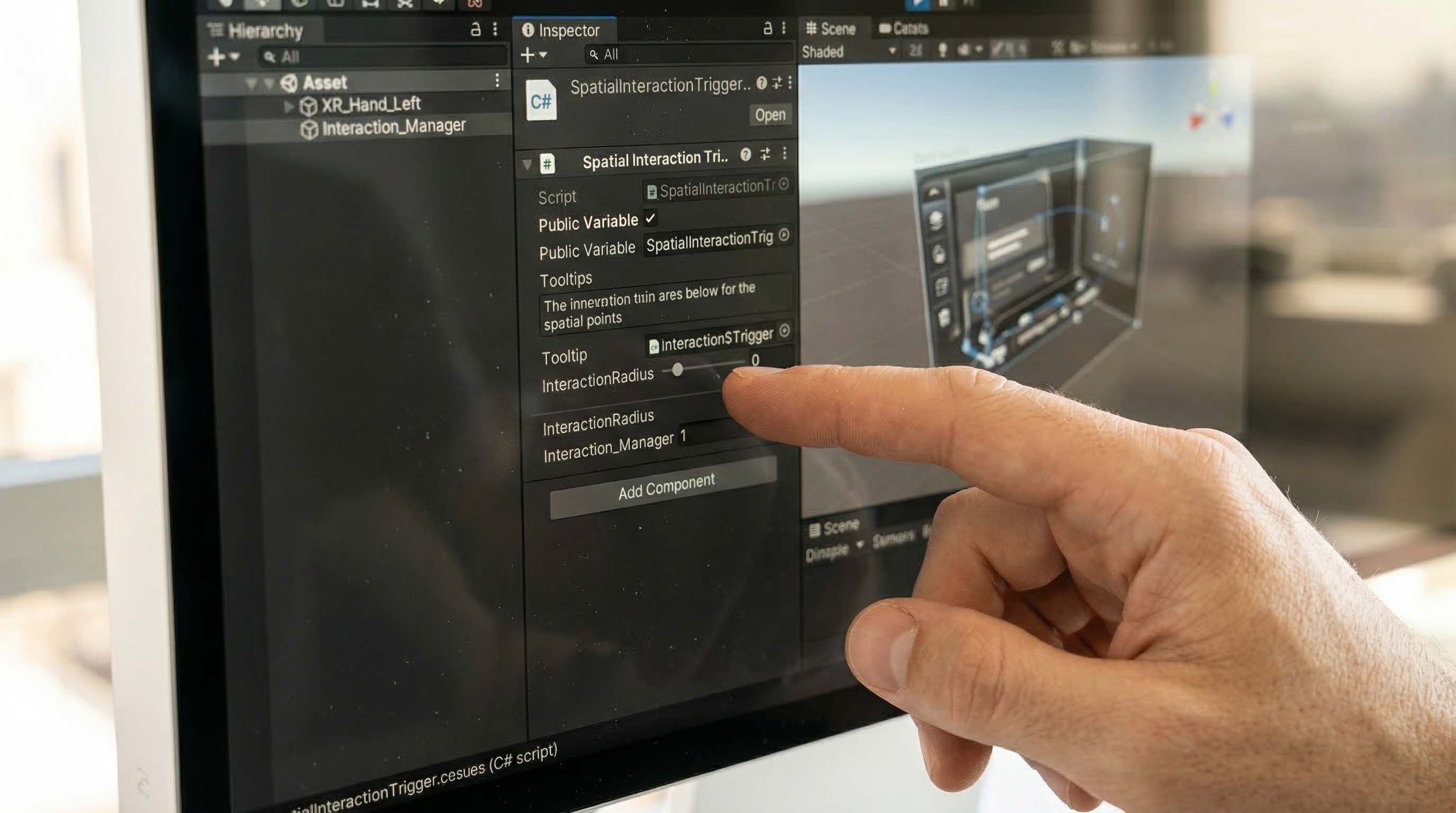 Photorealistic shot of a developer wearing an Apple Vision Pro, with complex code reflected on the headset's glass front.