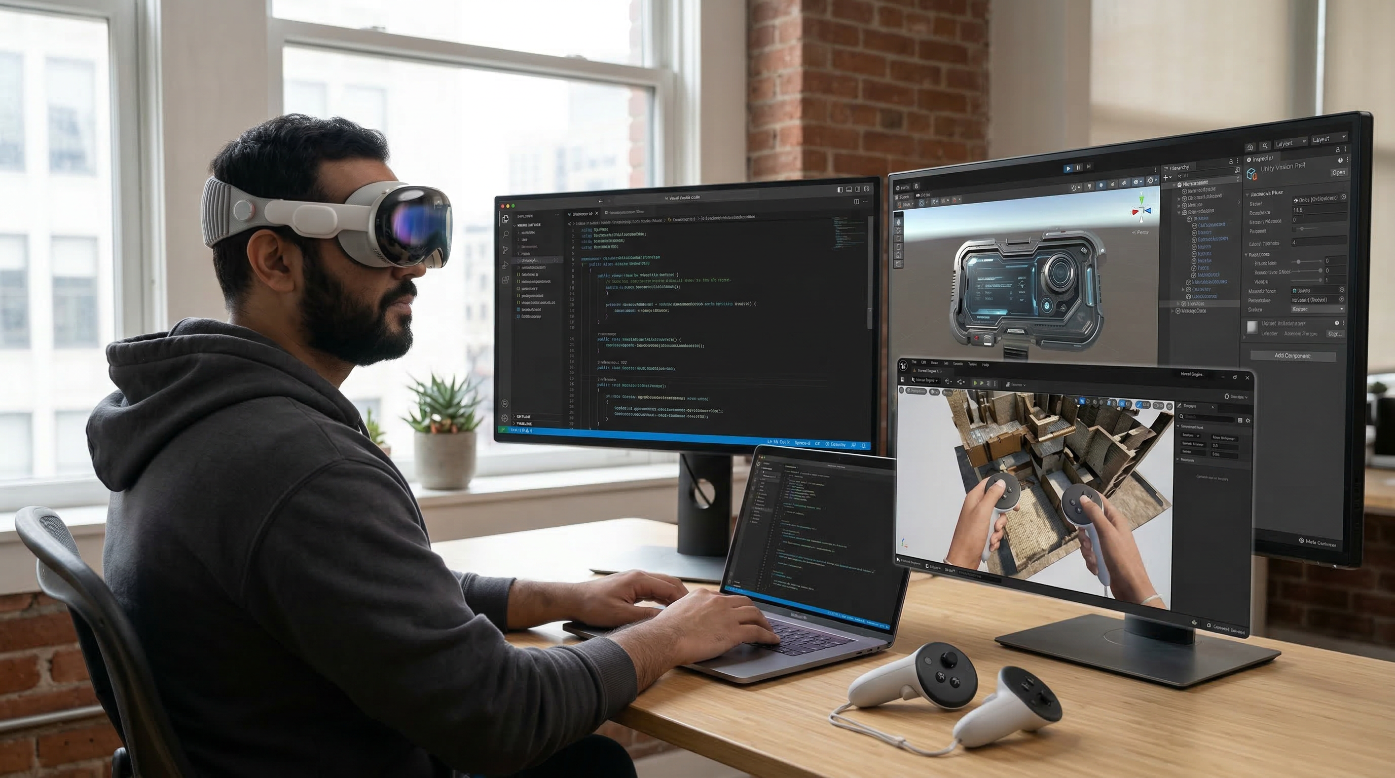 Developer wearing an Apple Vision Pro, working on C# code for an agentic spatial computing application in a sunlit office.