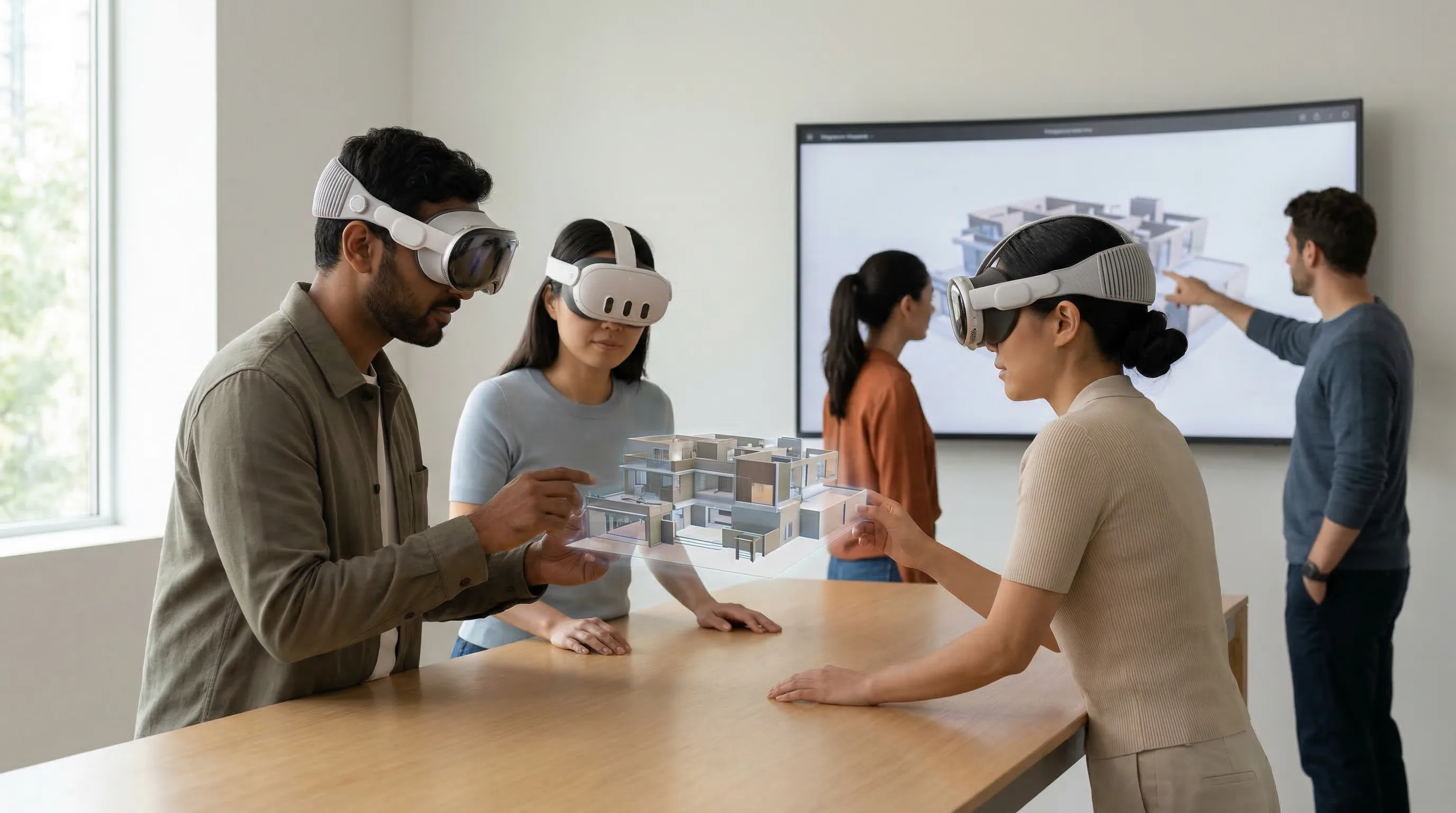 A diverse team of developers collaborates in a modern studio, using Apple Vision Pro and Meta Quest 3 headsets.