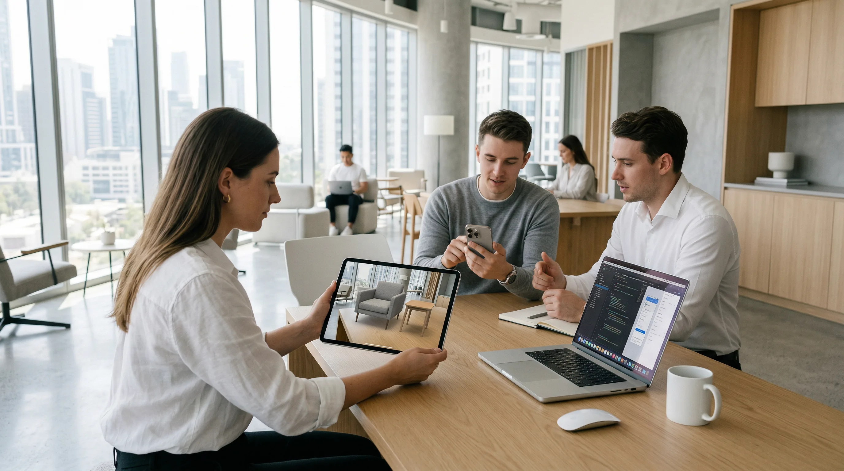 Developers testing an augmented reality mobile app in a bright minimalist office workspace.