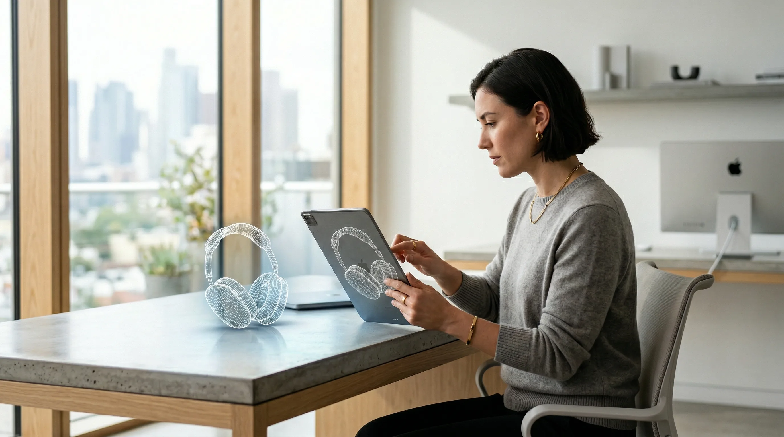 Designer using a tablet to view a 3D product model in augmented reality on a modern desk.