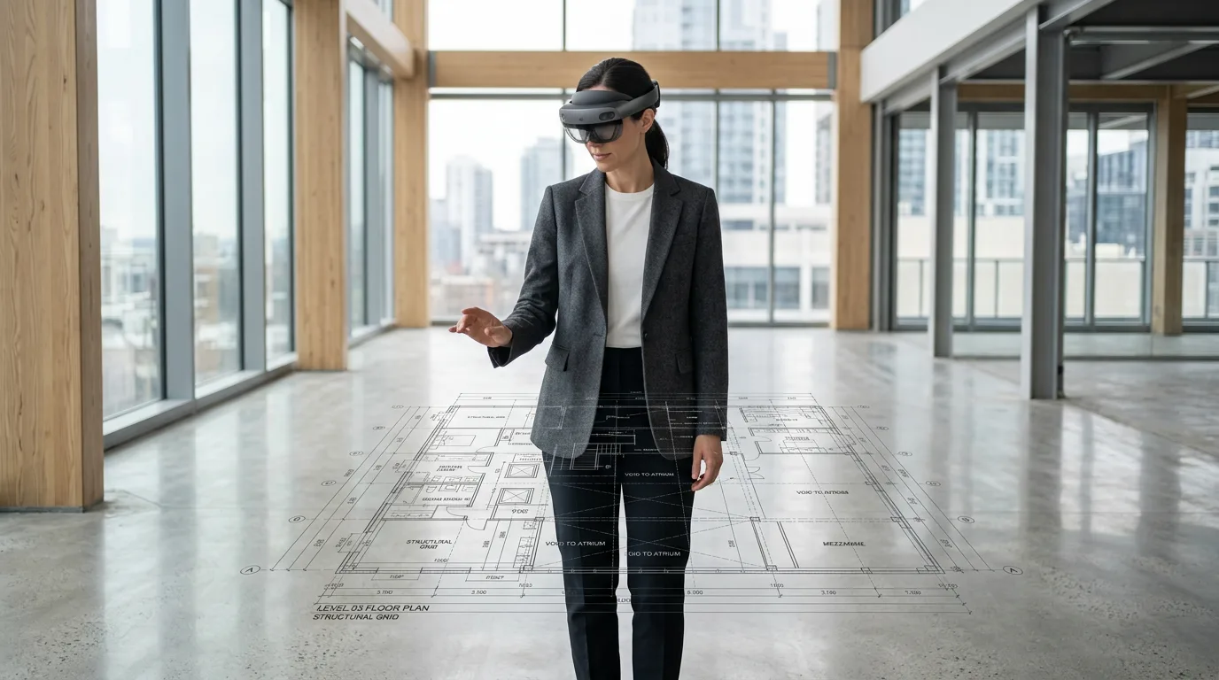 An architect on a construction site uses an enterprise MR headset to view a full-scale holographic blueprint of a building.