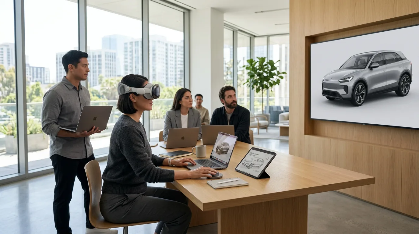 A team of automotive designers collaborates using a mixed reality headset to review a photorealistic 3D car model.