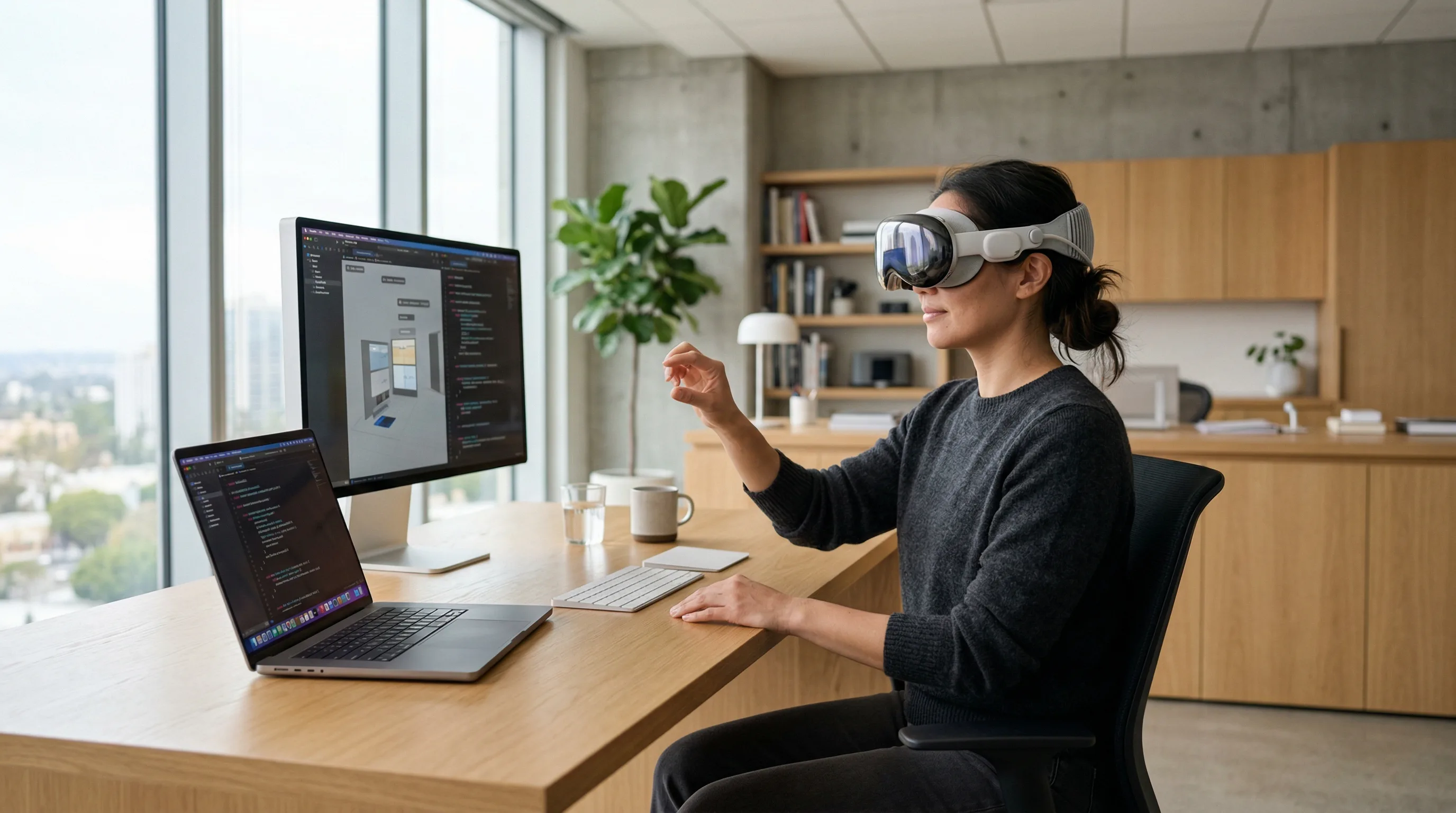 Developer wearing an Apple Vision Pro headset to test a new augmented reality application in a bright, modern office.
