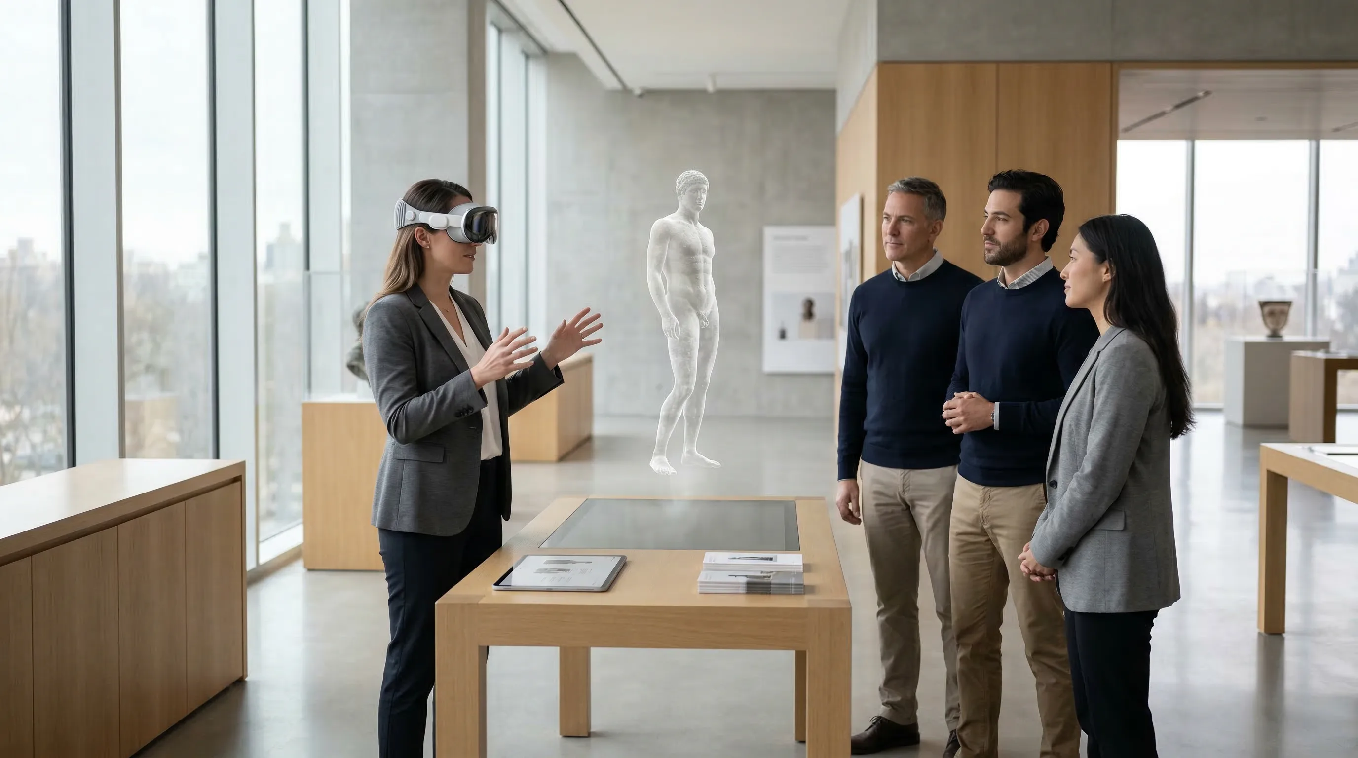 Curator shows visitors a mixed reality headset projecting holographic reconstructions of artifacts.