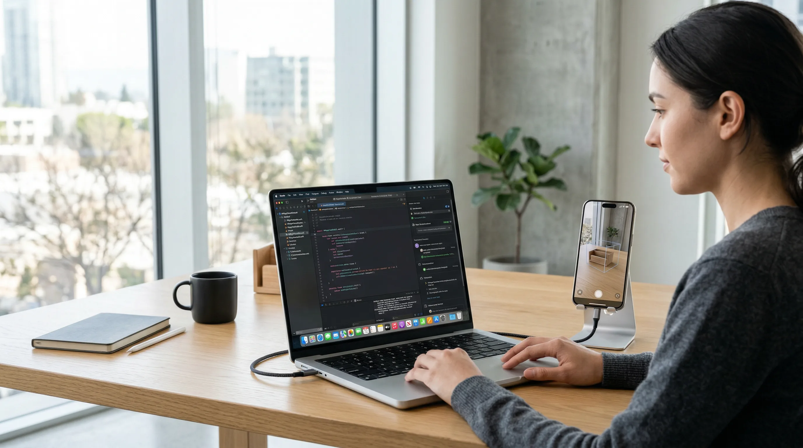 Mobile developer debugging an AR app using Xcode and GitHub integration on a connected iPhone.