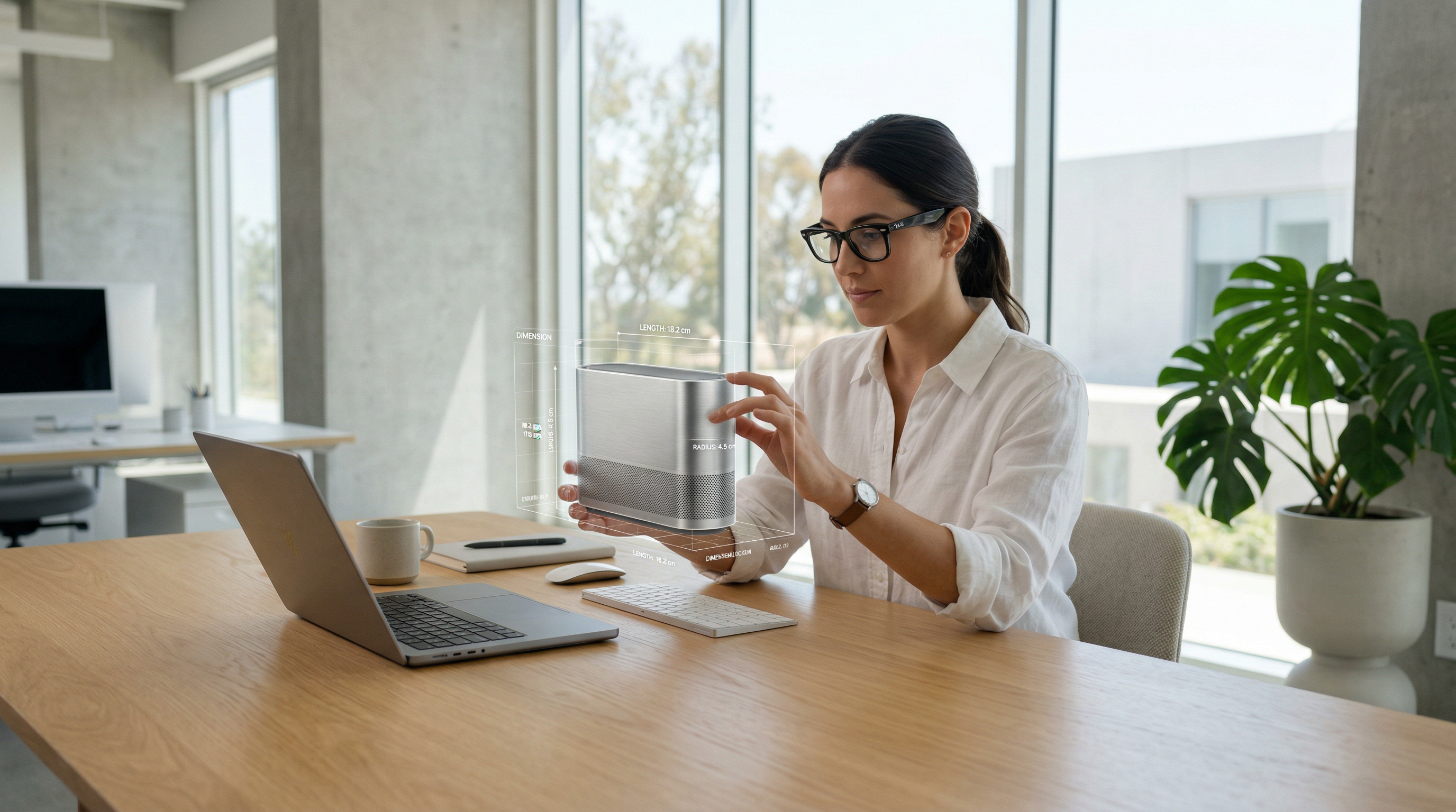 Designer using meta ray band glasses to adjust a 3D product prototype on a modern workspace table.
