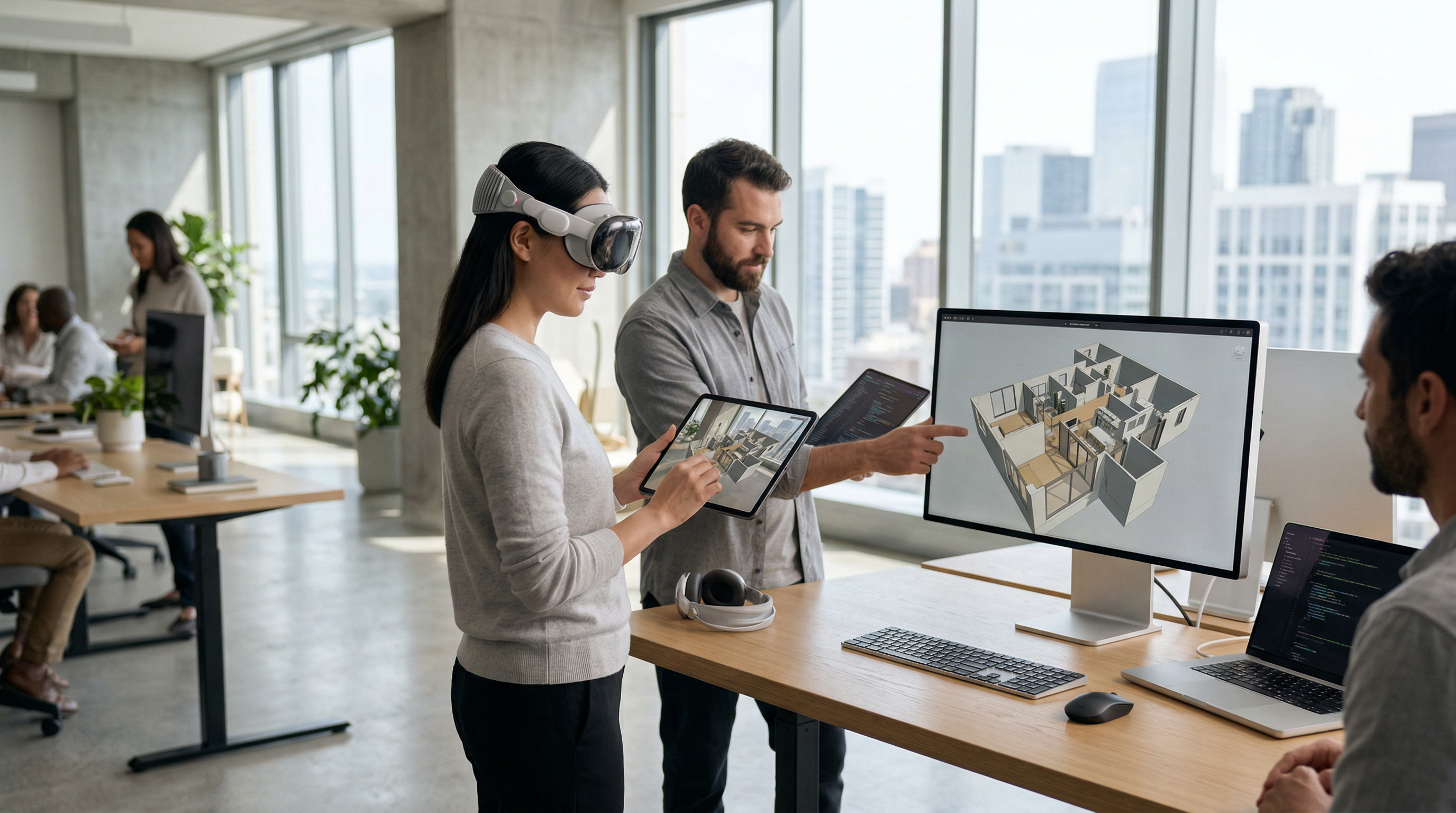 Developers testing an augmented reality app on tablets and headsets in a bright modern office.