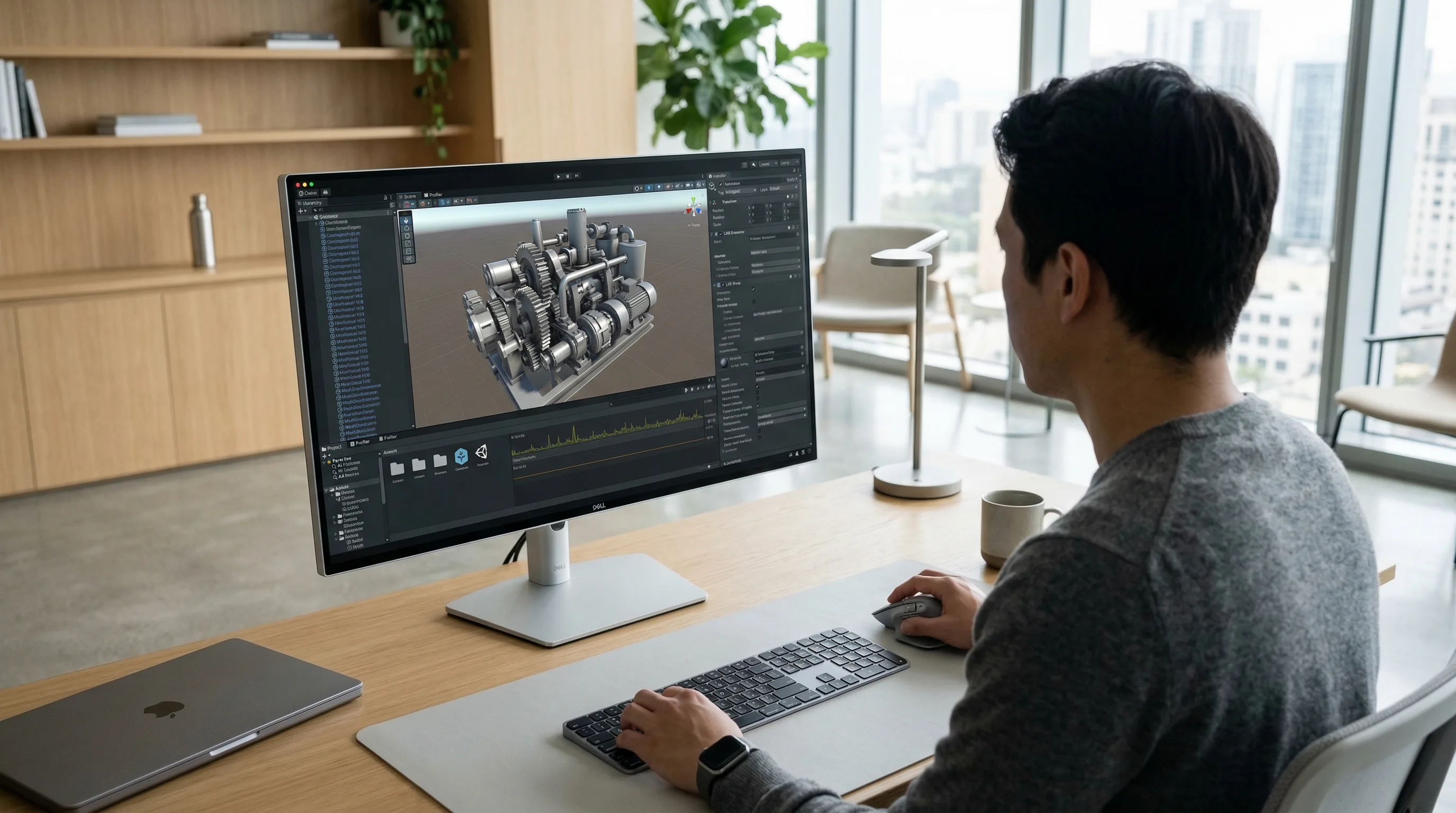 Over-the-shoulder view of a developer using Unity to optimize a 3D model for a VR training simulation.