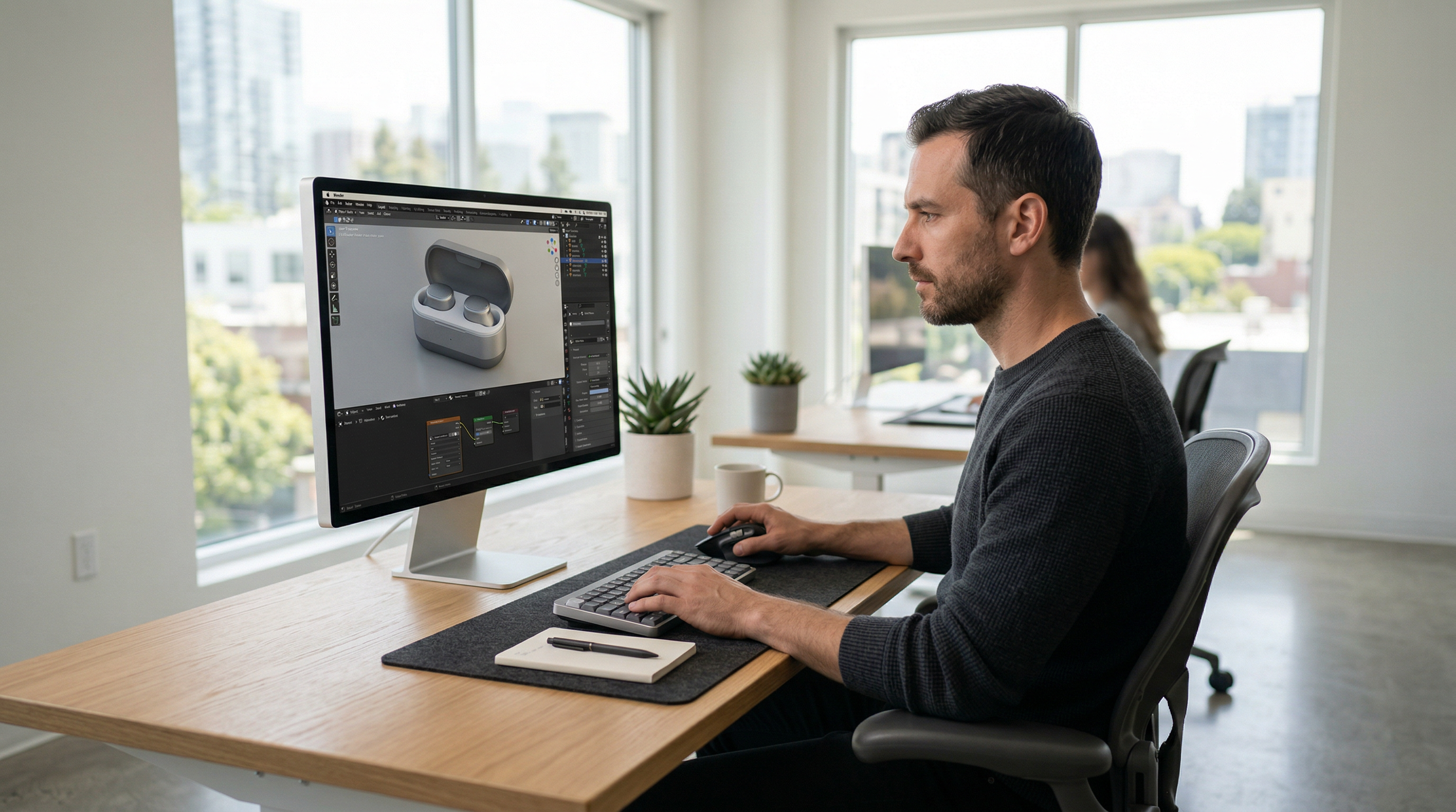 Engineer optimizing 3D assets in Blender on a sleek workstation with a realistic product model.