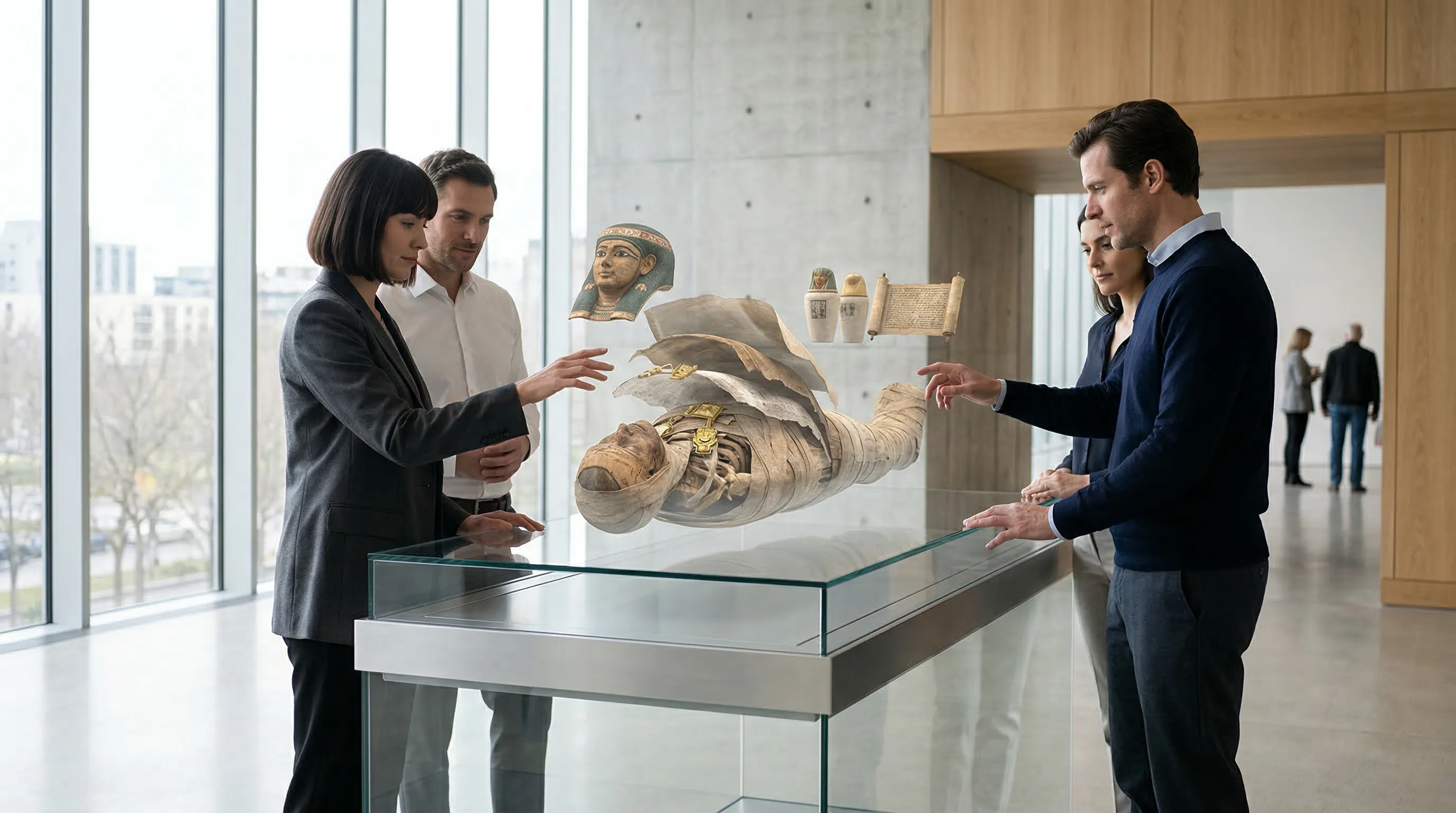 Visitors interact with a holographic display of an ancient mummy using precise hand gestures.