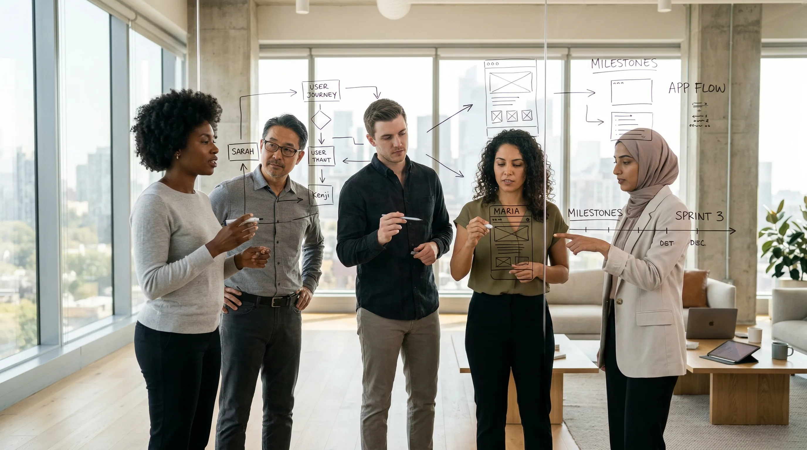 A diverse team collaborating at a whiteboard, sketching user flows for a new immersive application.