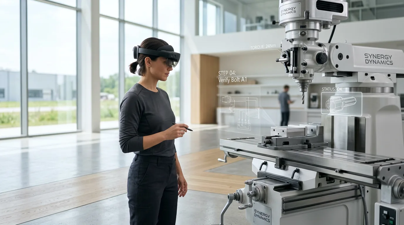 An industrial engineer wearing a HoloLens 2 headset to view holographic data overlays on heavy factory machinery.