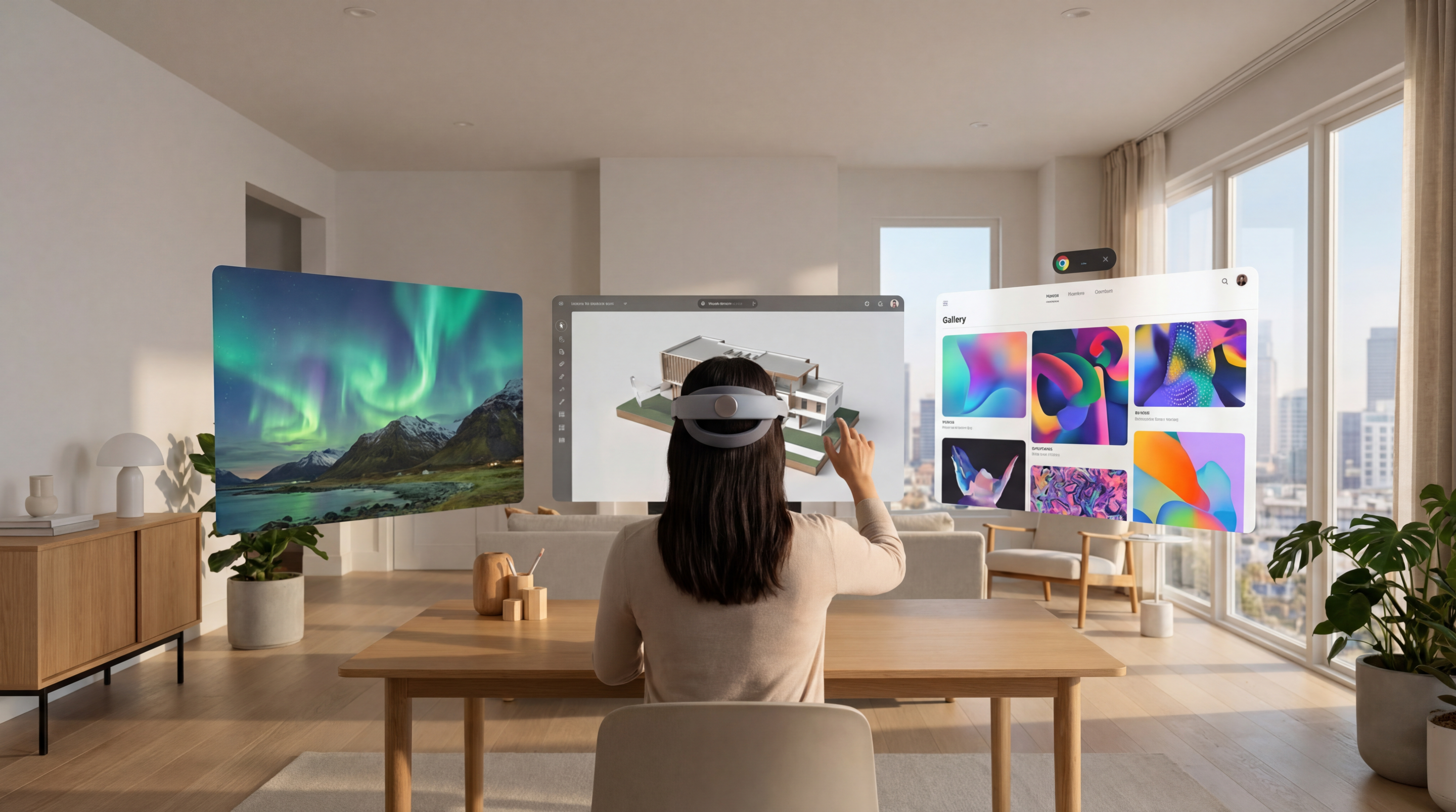 Person using a mixed reality headset to interact with floating spatial computing interfaces and 3D models in a modern living room workspace.
