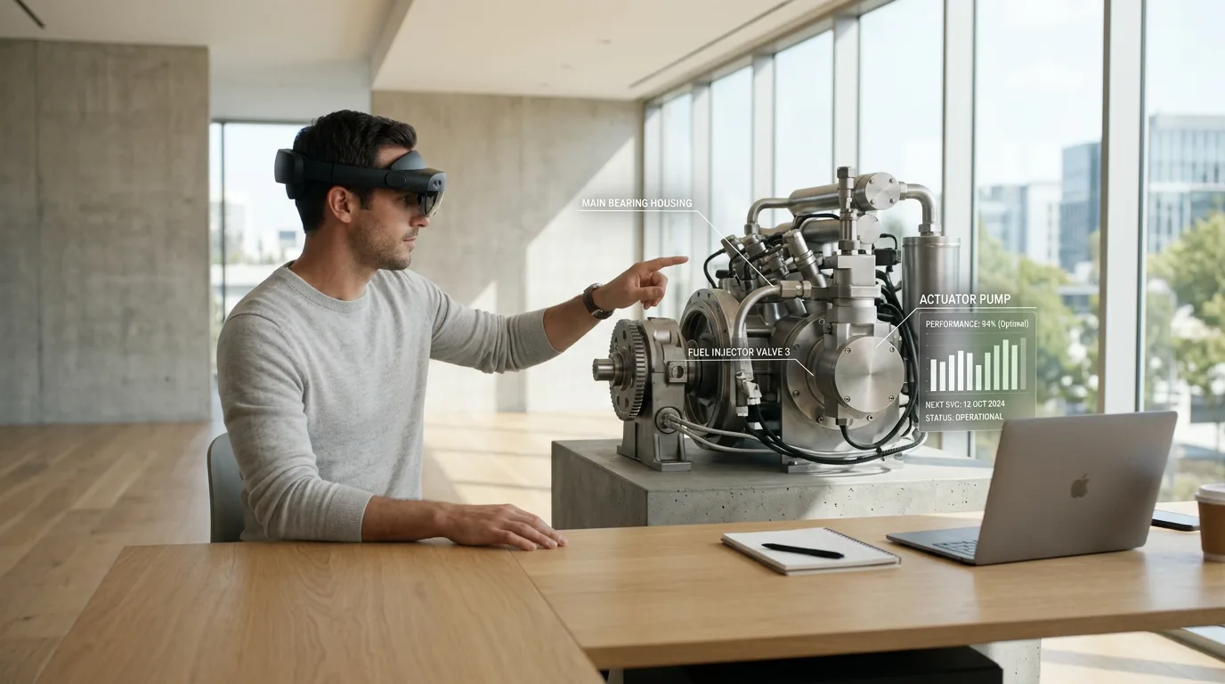 Engineer using a Magic Leap 2 headset for an augmented reality maintenance application on industrial machinery.<br />
Maintenance with Magic Leap 2<br />
