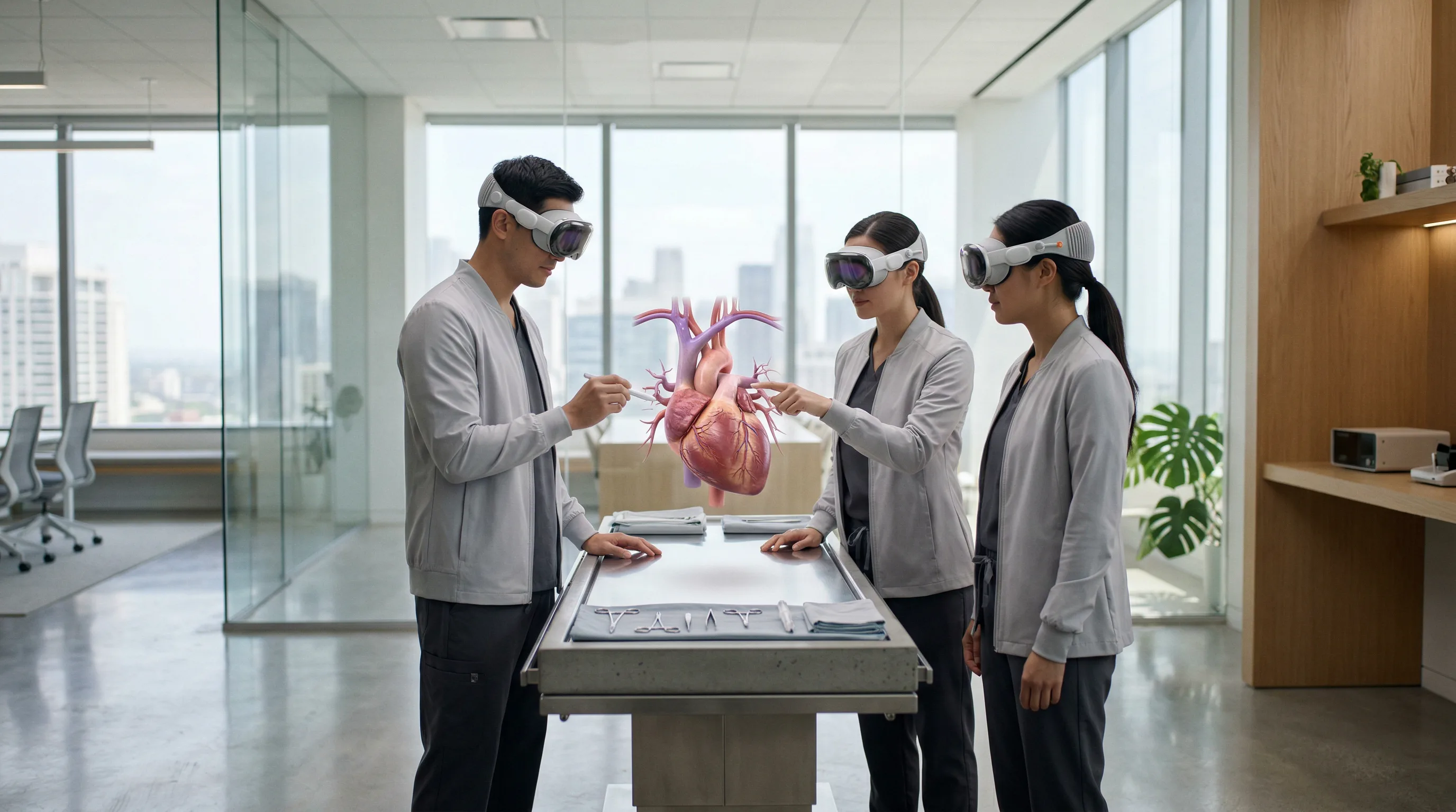 Medical trainees wearing AR headsets studying a 3D anatomy model in a bright training lab.