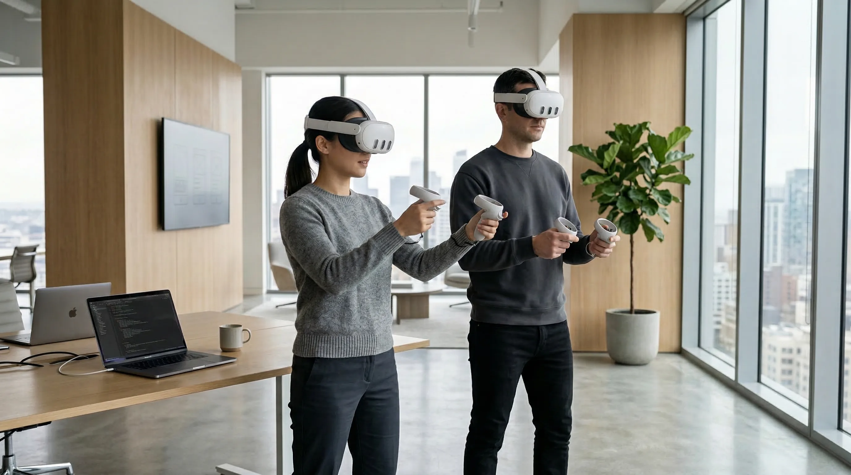 Two developers wearing Meta Quest 3 headsets test a collaborative VR app together in a modern office