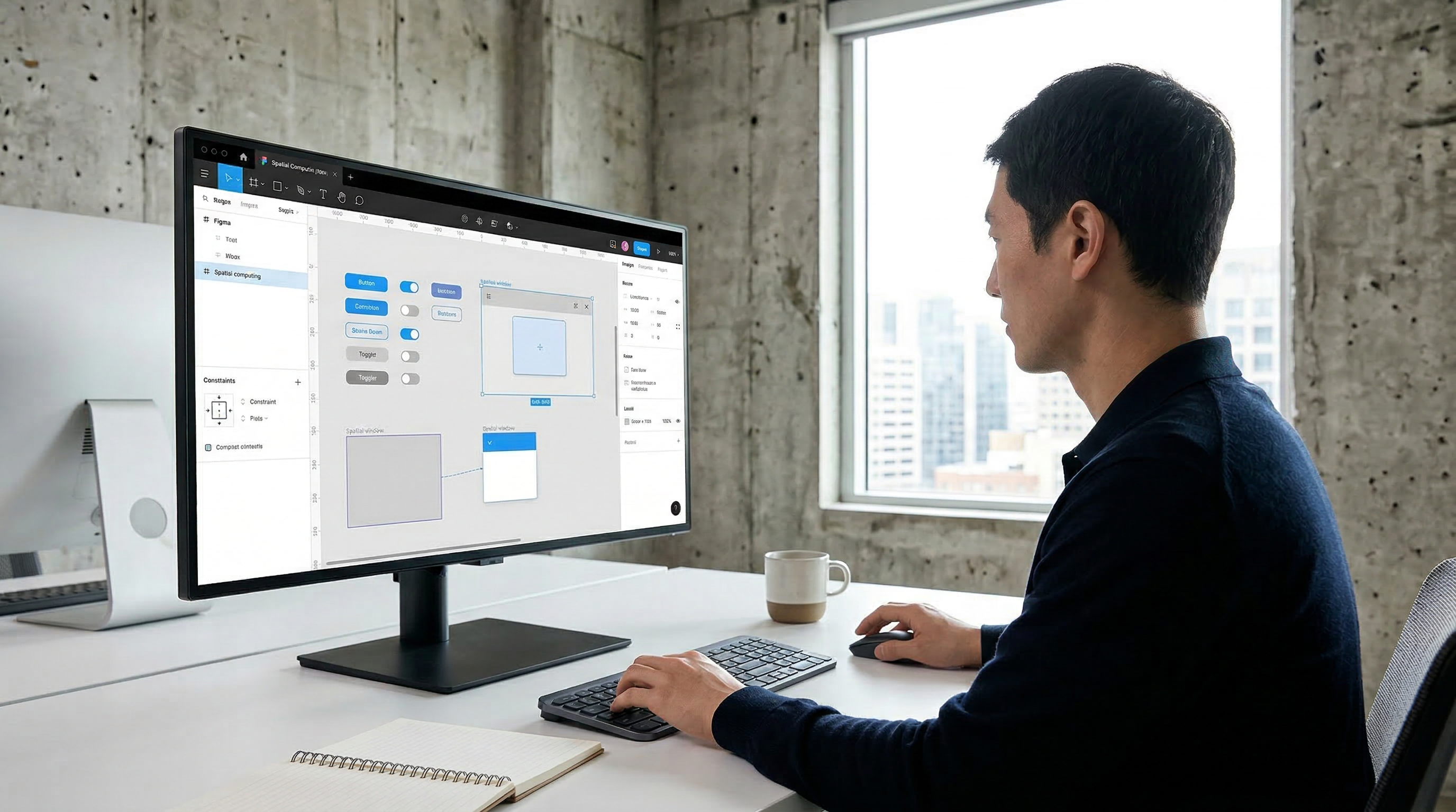 Designer using Meta Quest 3 controllers to manipulate a 3D architectural model within the Unreal Engine 5 editor.