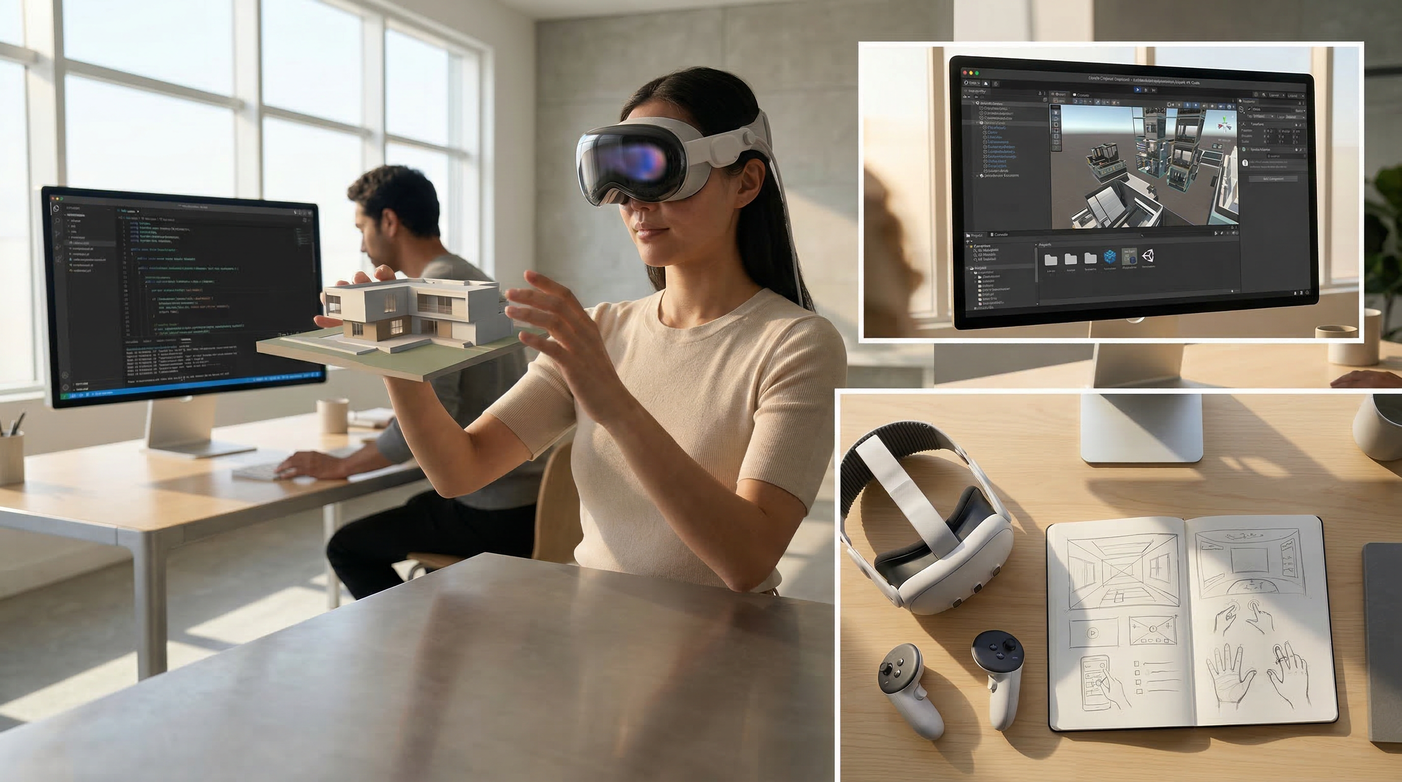Female developer working with an Apple Vision Pro in a minimalist office on a complex Unity project.