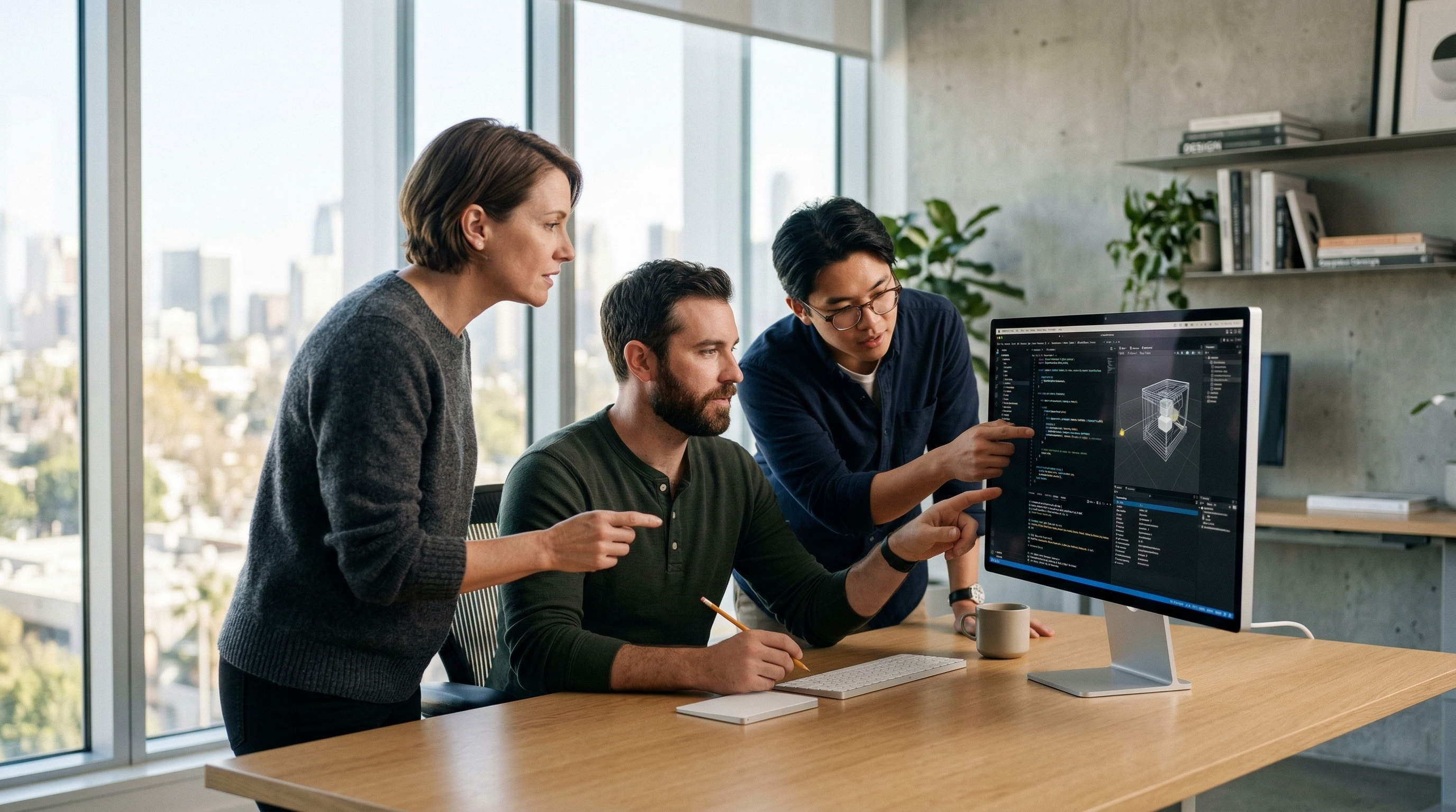 A project manager, designer, and developer discussing a technical challenge for a mixed reality app.