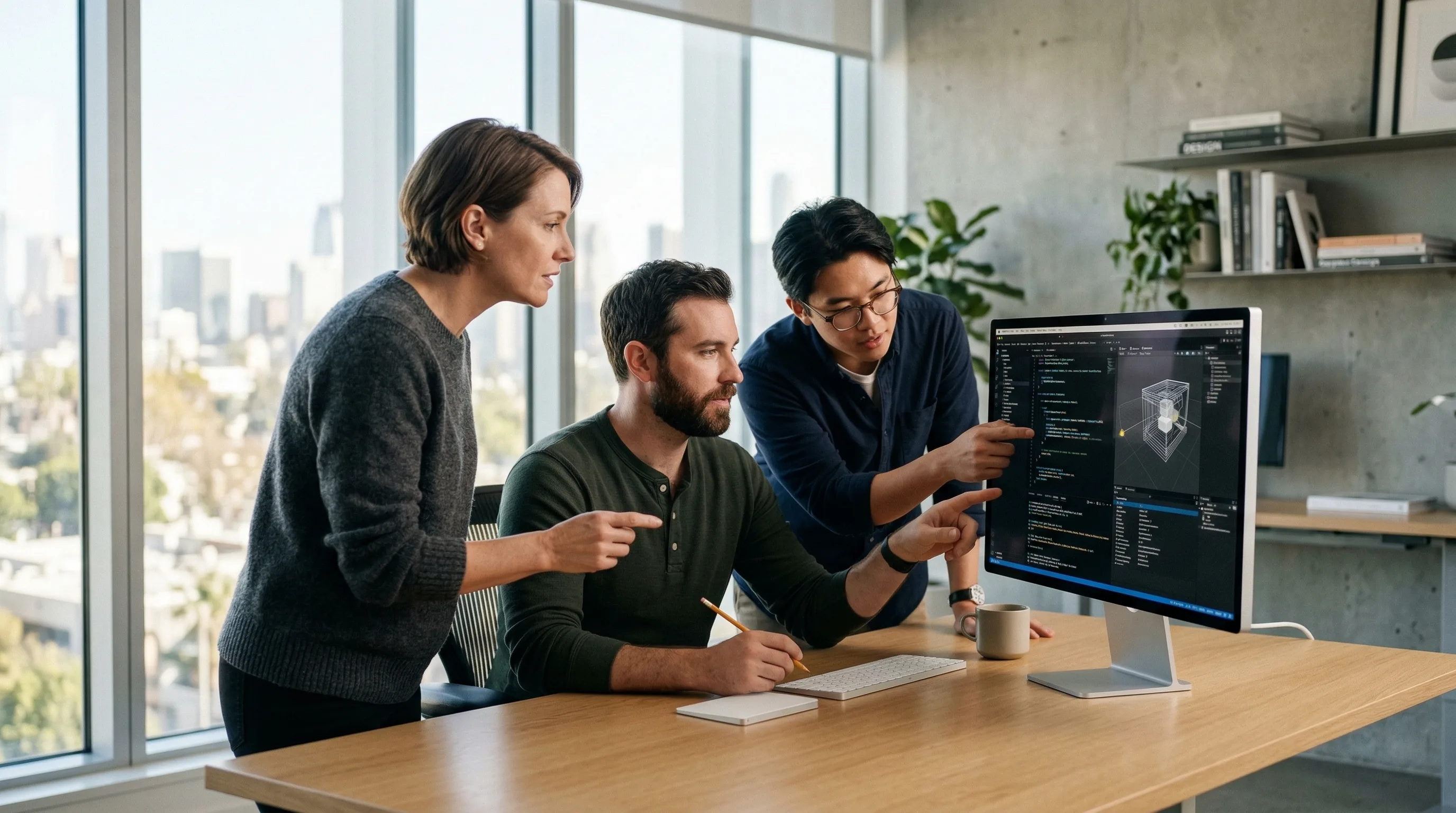 A project manager, designer, and developer discussing a technical challenge for a mixed reality app.