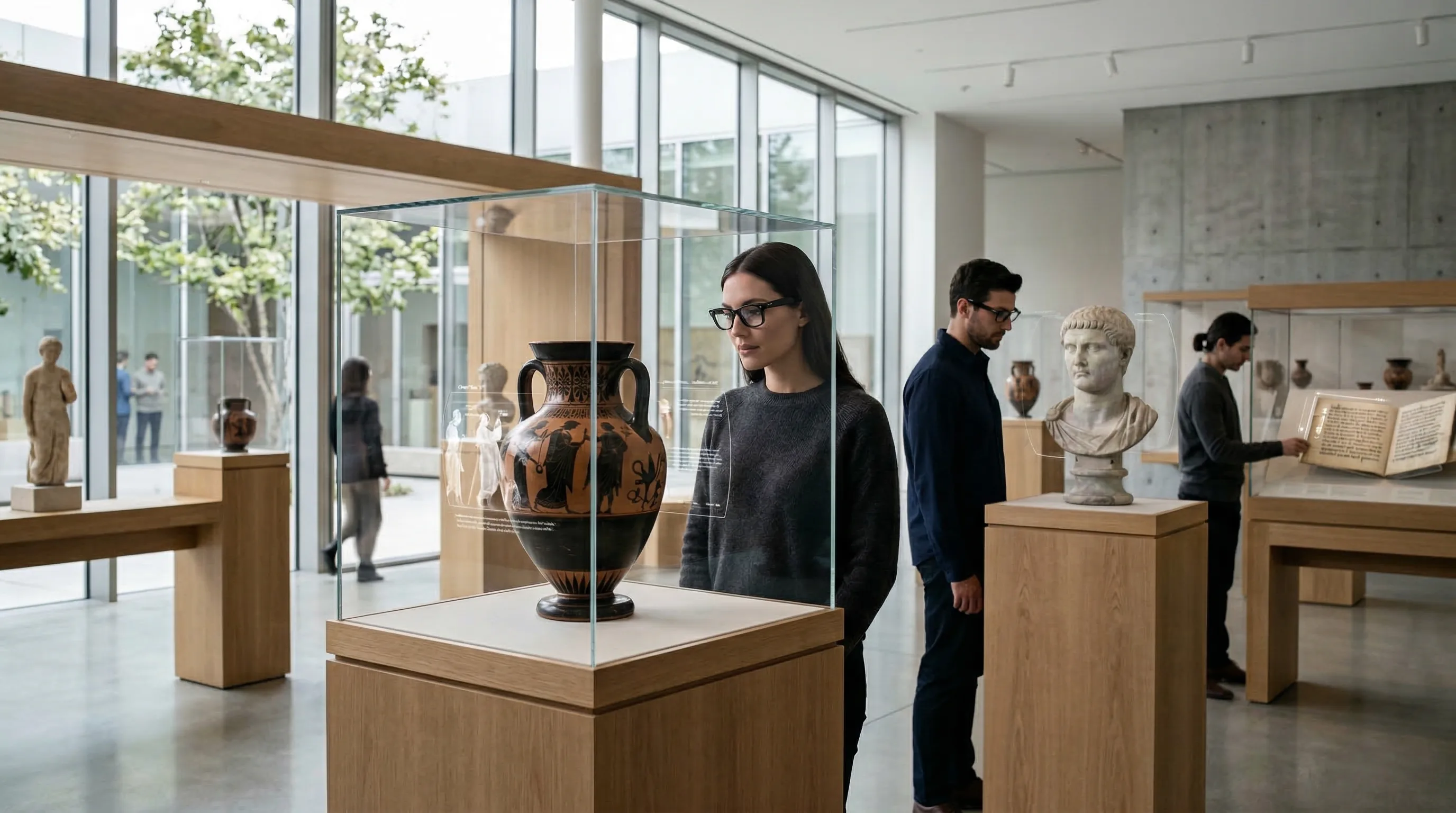 Visitors wearing smart glasses explore a museum where holograms blend with real historical artifacts.