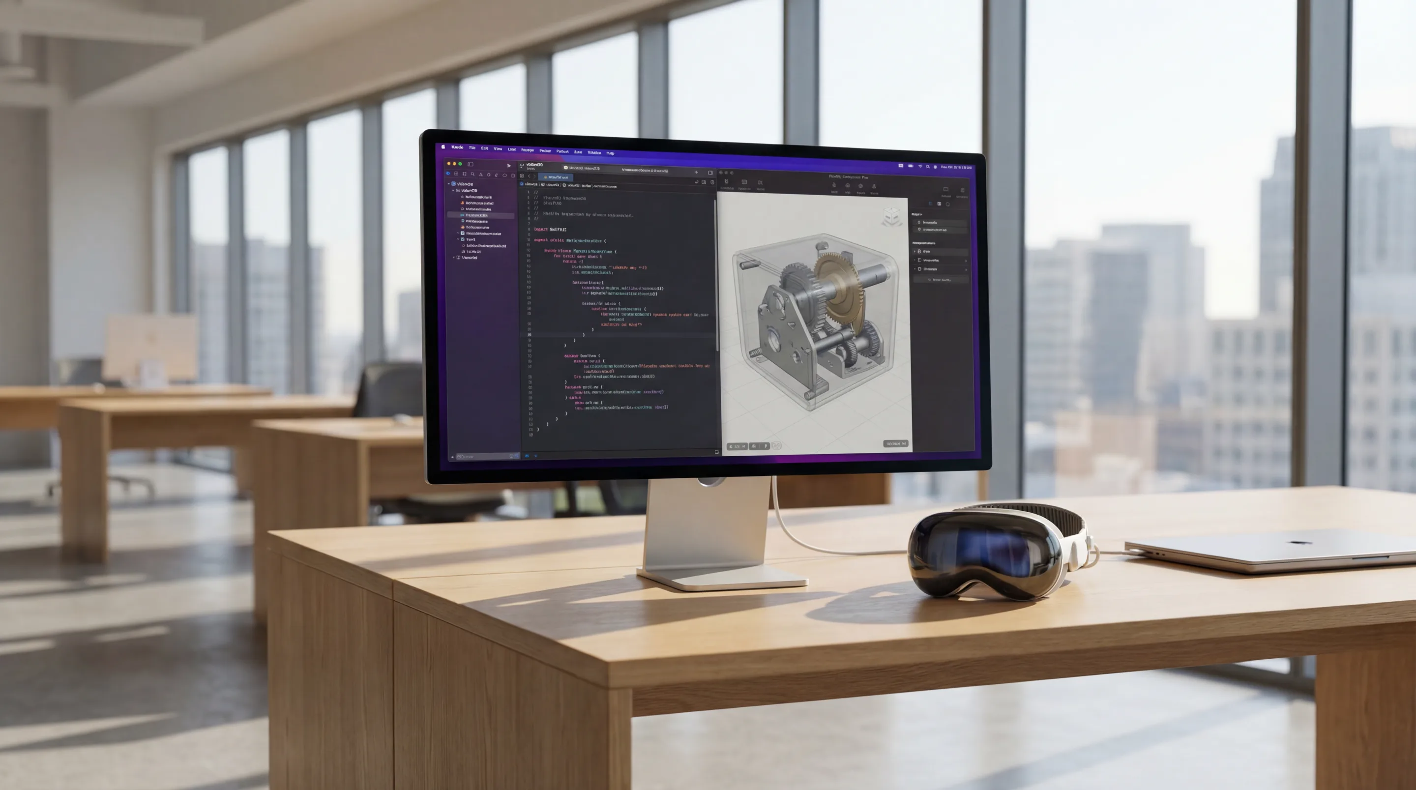 developer work station with an Apple Vision Pro on a desk