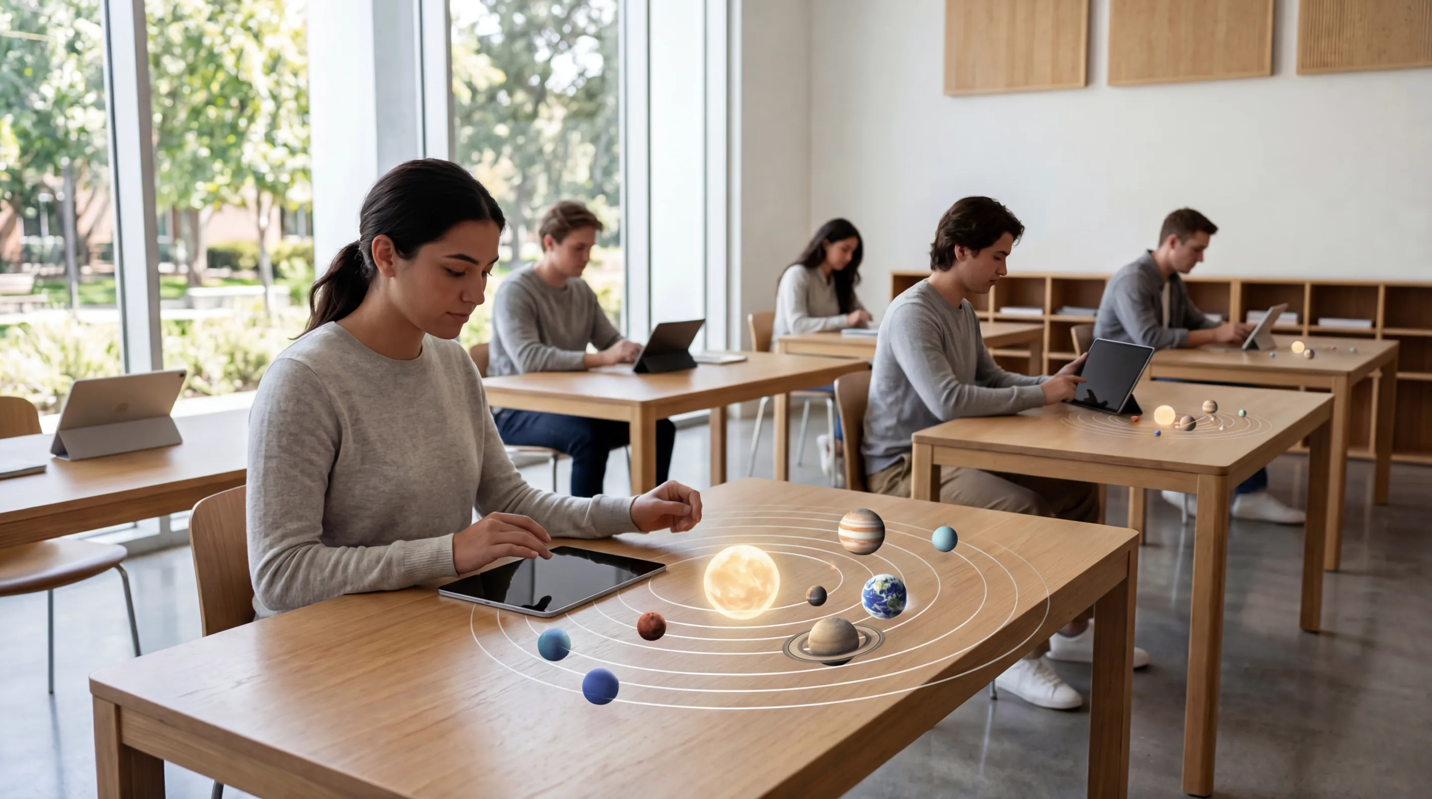 Students using tablets to view interactive AR educational content showing a 3D solar system model.