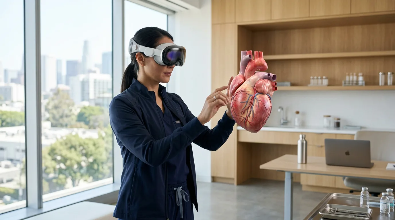 A surgeon in a high-tech lab uses a mixed reality headset to examine a detailed 3D holographic model of a human heart.
