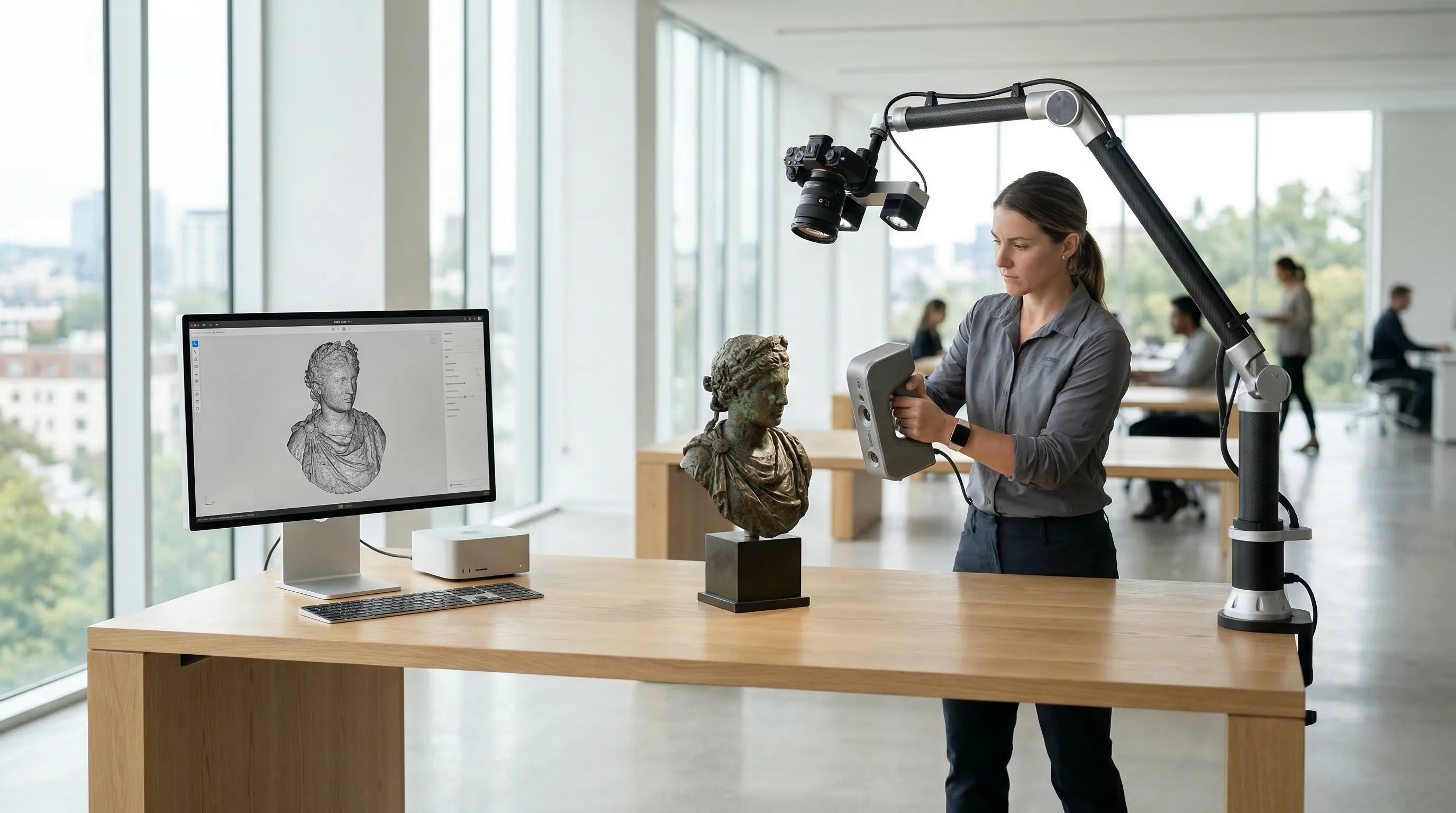 Technician uses 3D scanner to capture a sculpture for digital preservation in a museum workspace.