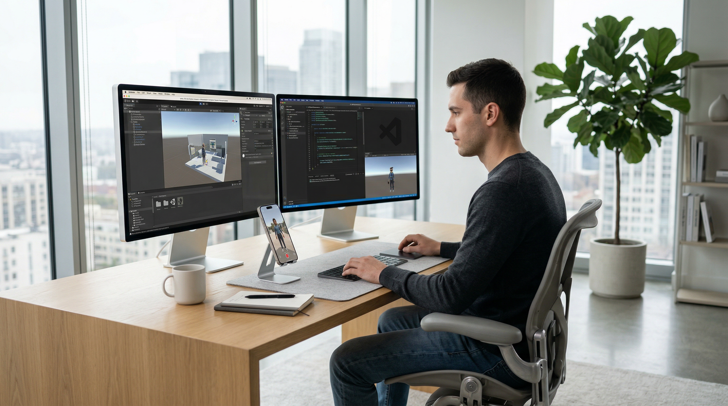 Programmer coding in Unity 3D with a smartphone showing a live AR preview on the desk.