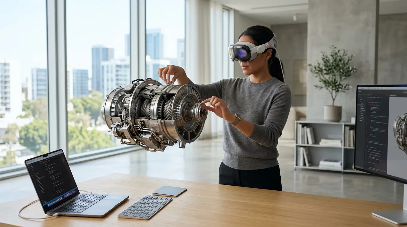 Developer in a modern office using Apple Vision Pro to interact with a 3D industrial model created in Unity.<br />
