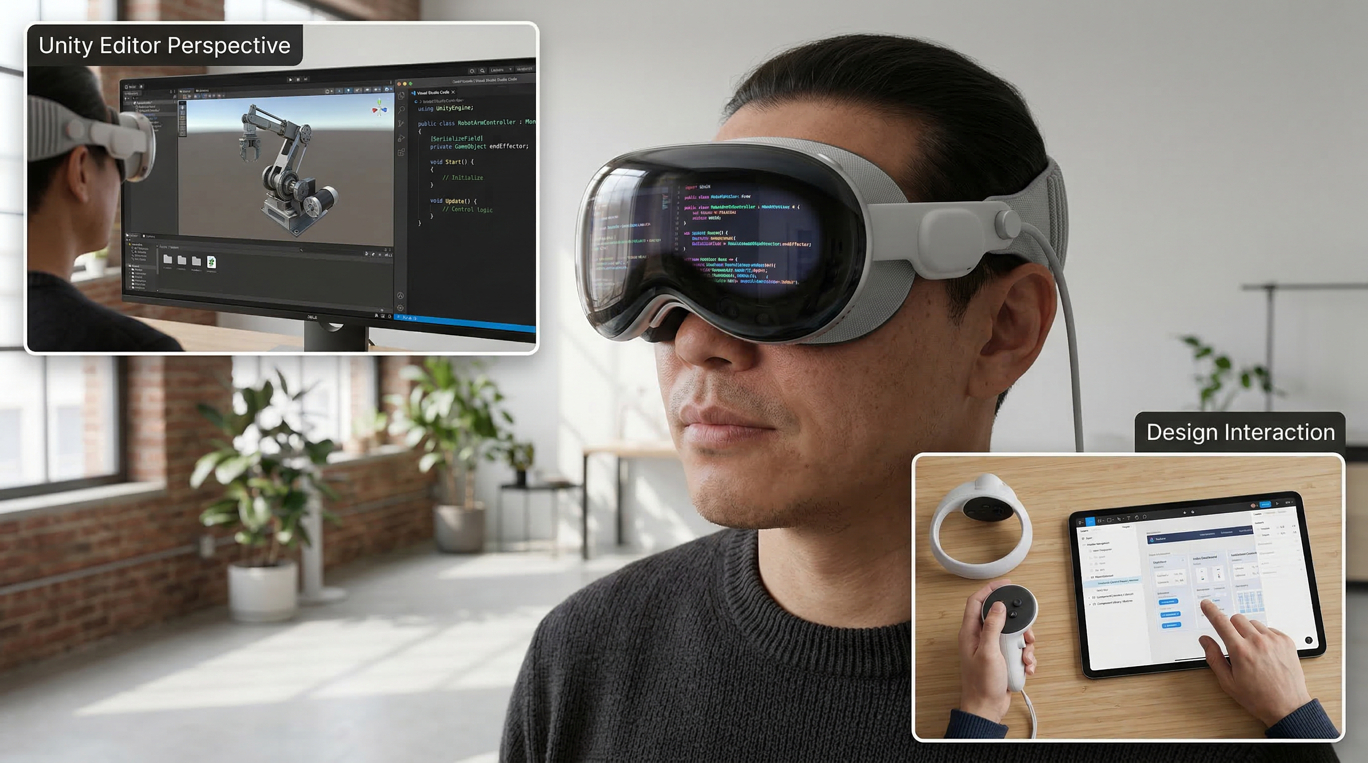 Close-up of the Unity editor on a 4K monitor displaying a detailed 3D user interface model with legible inspector panels.