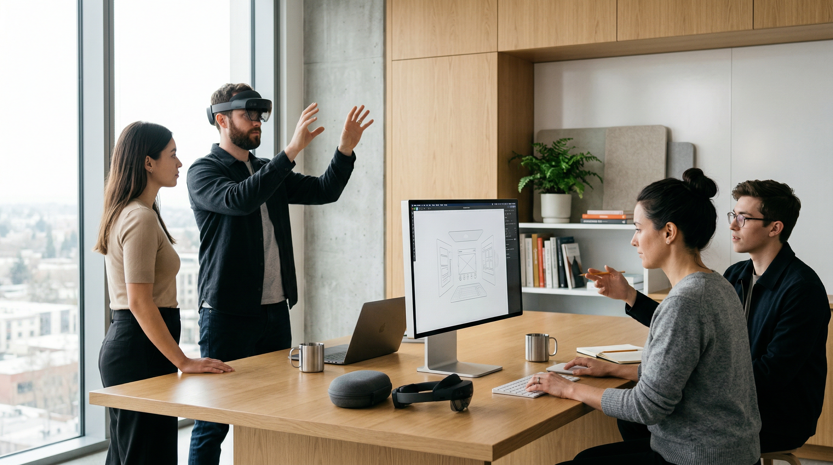 UX designer and team refining a spatial interface prototype with a HoloLens in a bright workspace.