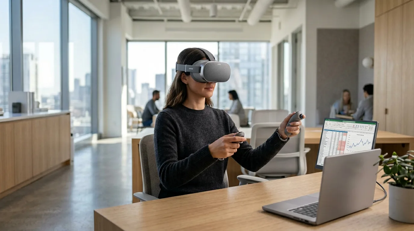 A professional in a minimalist office using a premium VR headset to analyze a complex 3D data visualization.