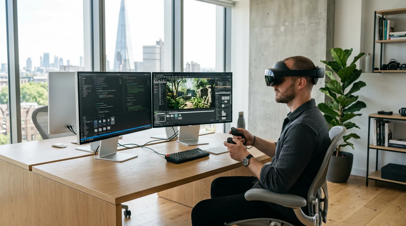 A game developer in a modern office tests a VR experience while the Unreal Engine editor is open on their monitors.