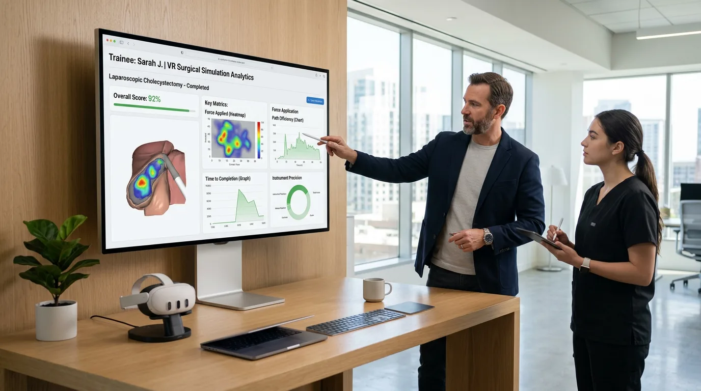 An instructor analyzes a dashboard displaying detailed performance metrics and heatmaps from a trainee’s VR surgical simulation.