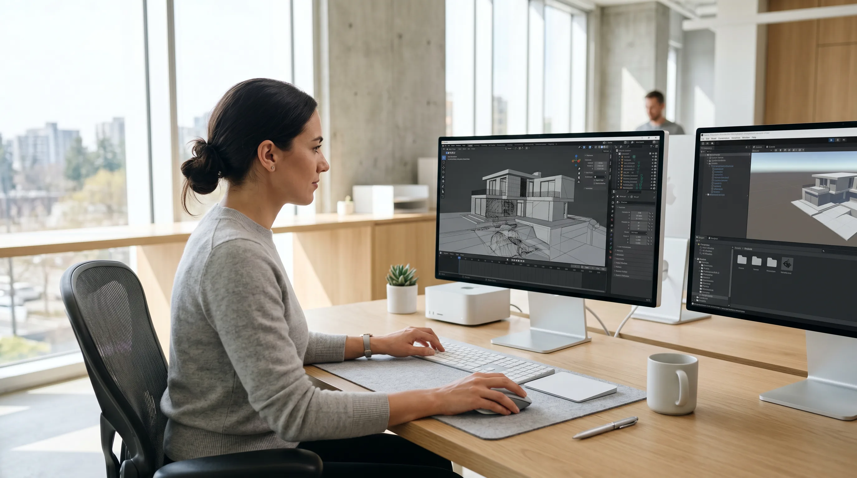 Designer creating 3D architectural model in Blender on a minimalist workstation