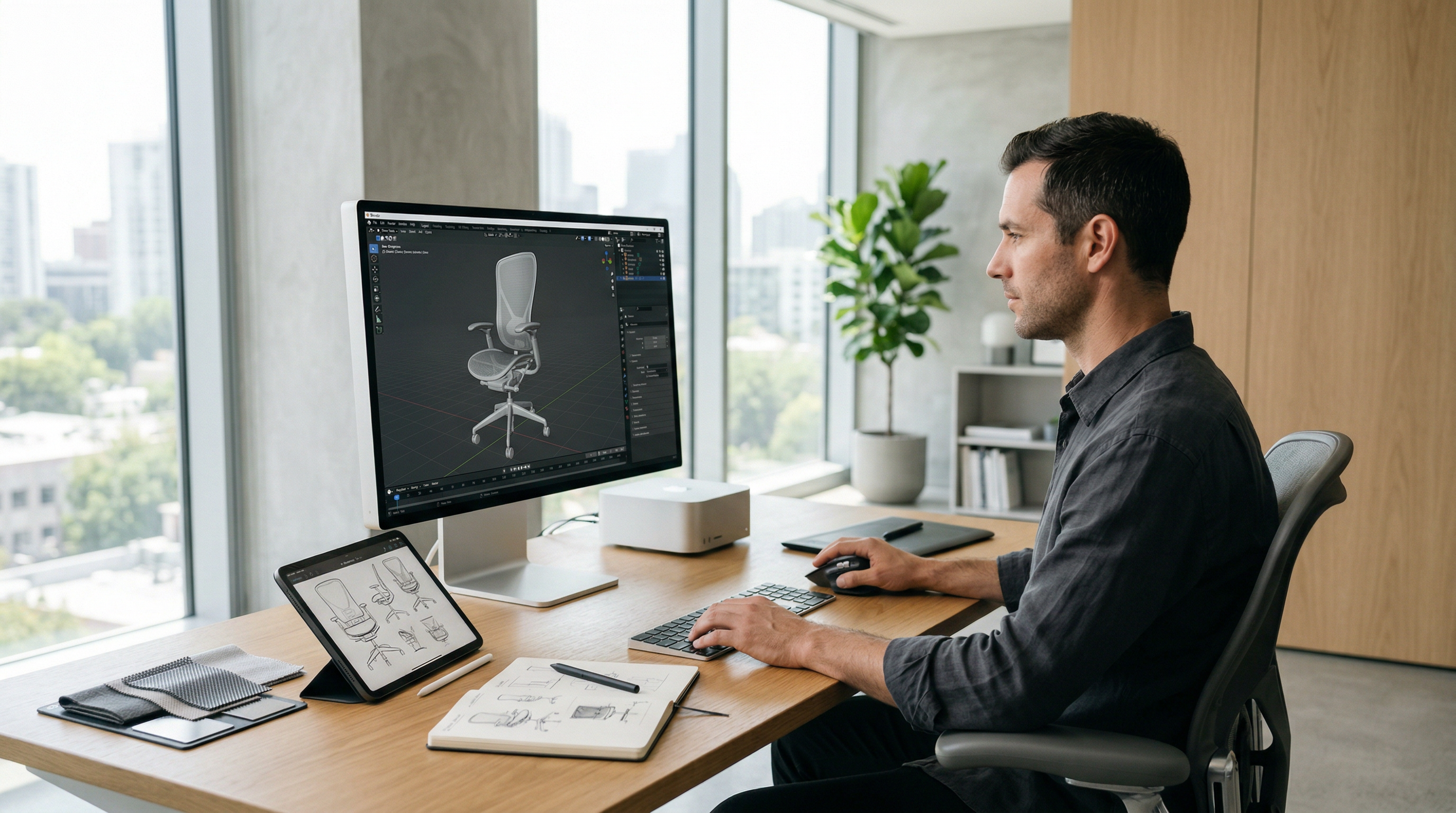 Designer refining a 3D model of an ergonomic chair in Blender on a sleek workstation