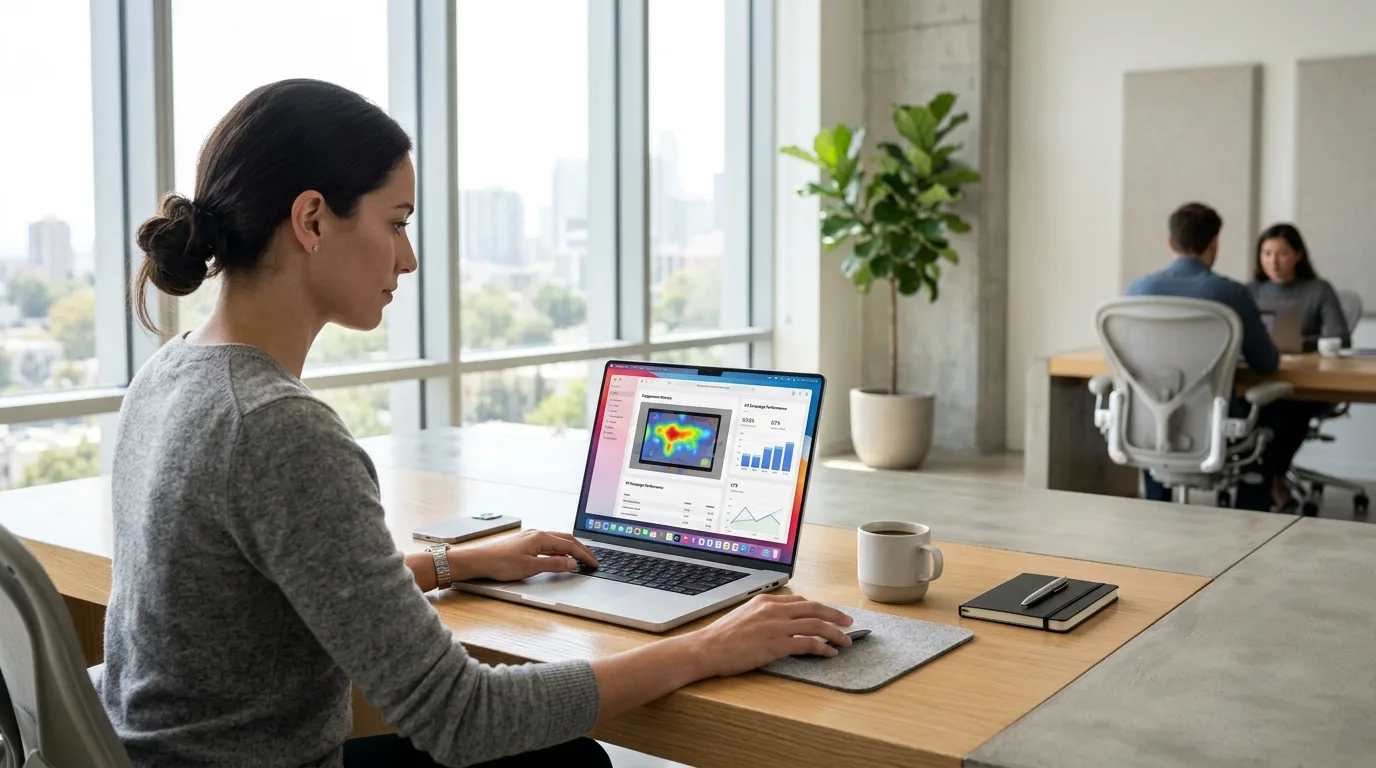 Analyst reviewing augmented reality campaign metrics and heatmaps on laptop in clean modern office.