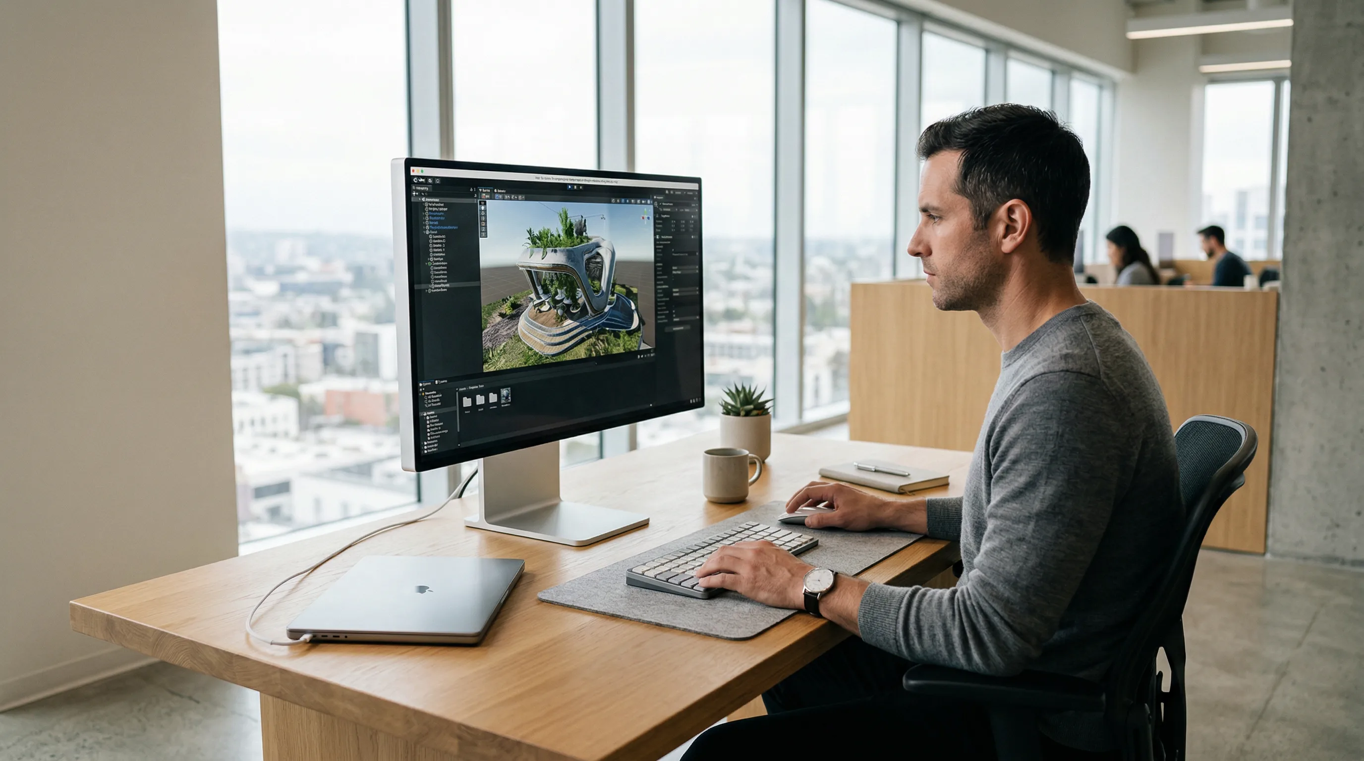 Designer editing detailed 3D models for augmented reality on a large monitor in a minimalist office