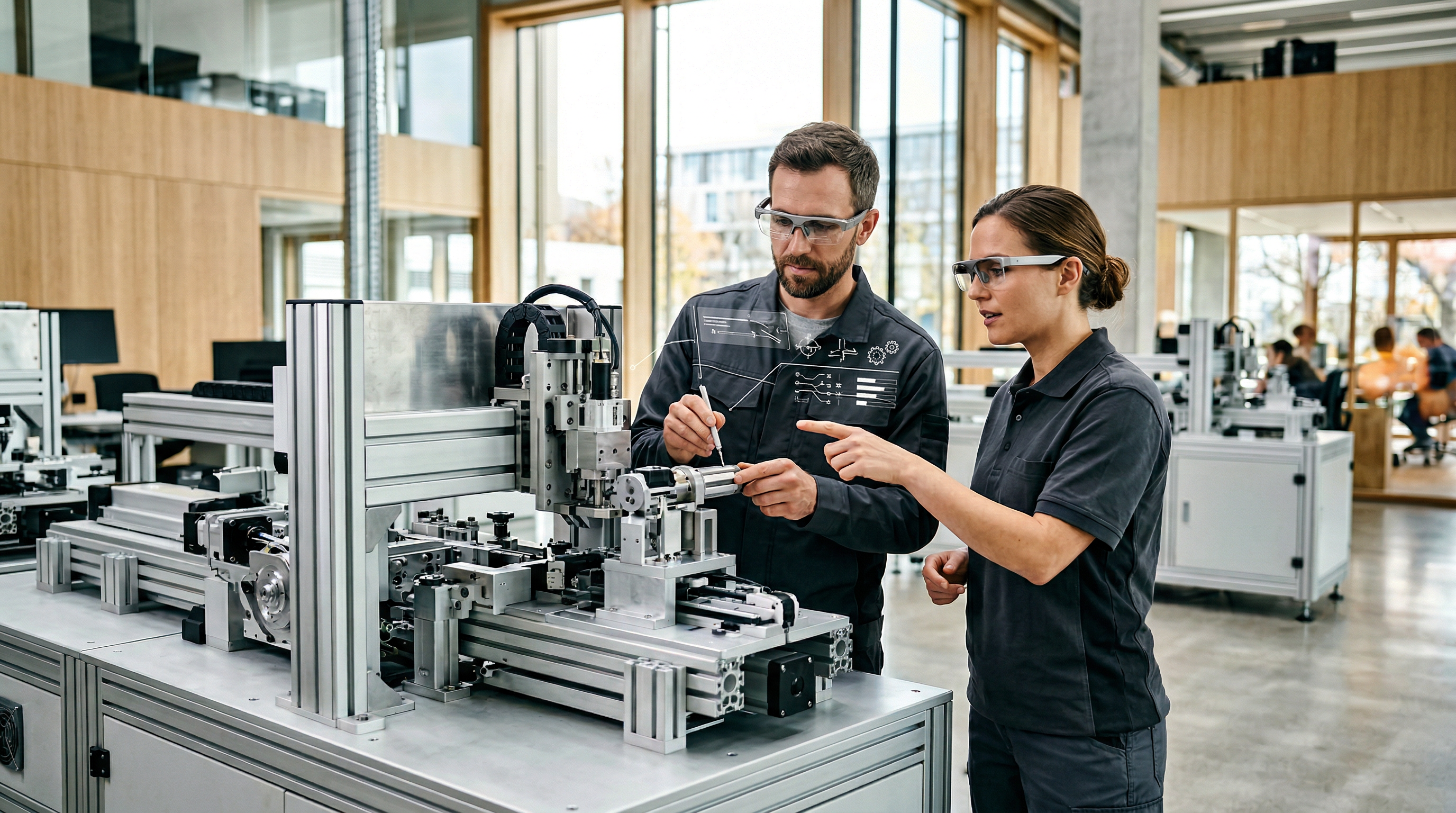 Technicians using AR glasses to view maintenance overlays on advanced industrial machinery